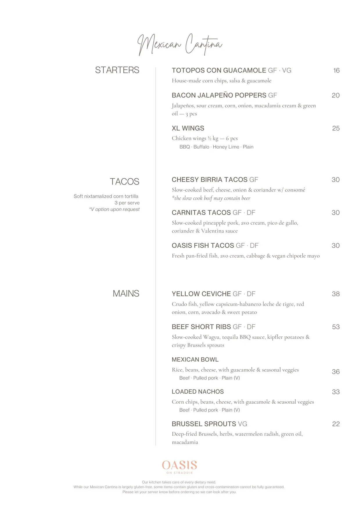 Oasis on Straddie menu, page 1