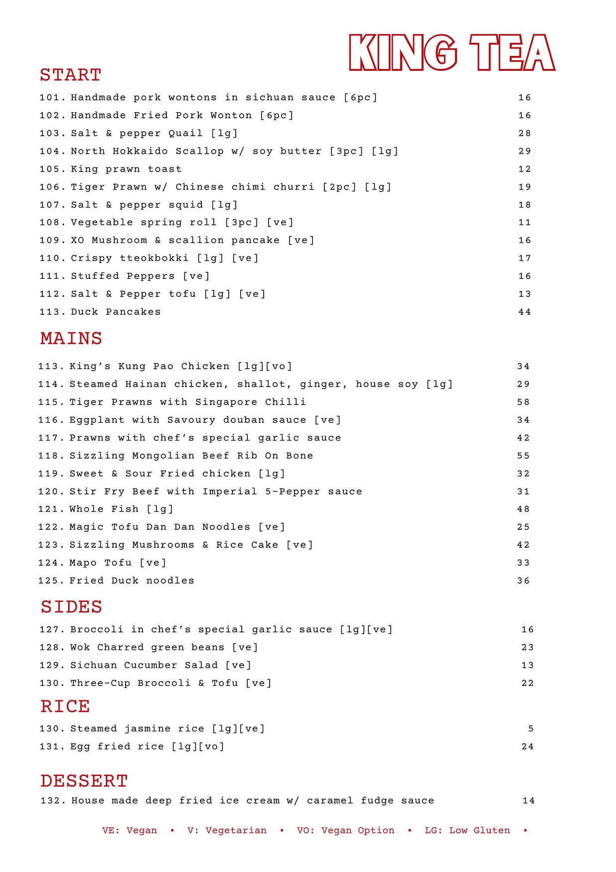 King Tea menu, page 1