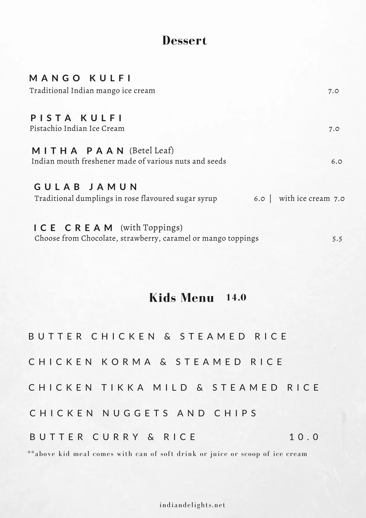 Indian Delights menu, page 8