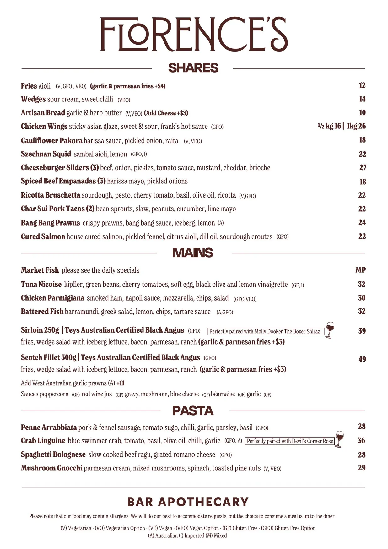 Bar Apothecary menu, page 1