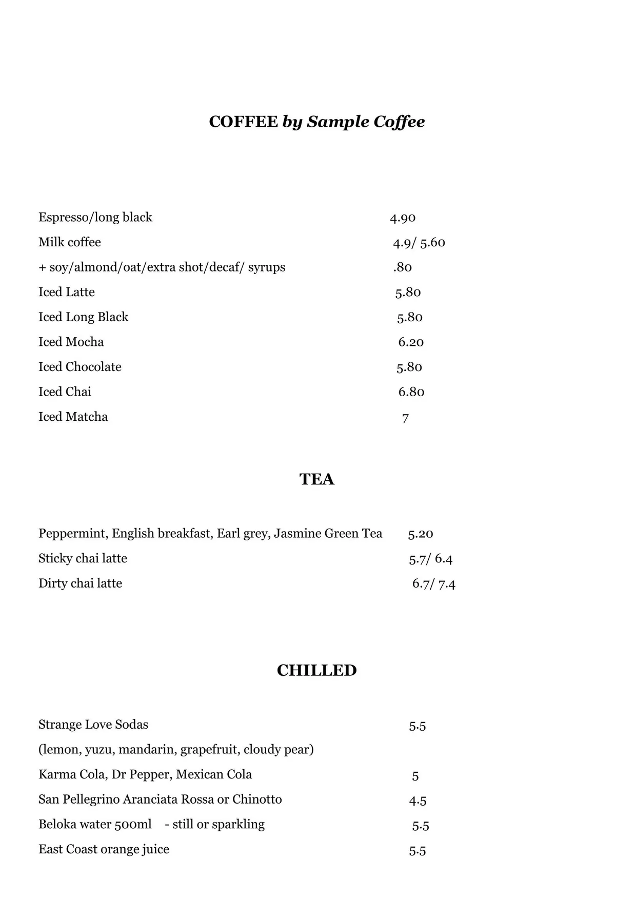 Young Barons menu, page 3