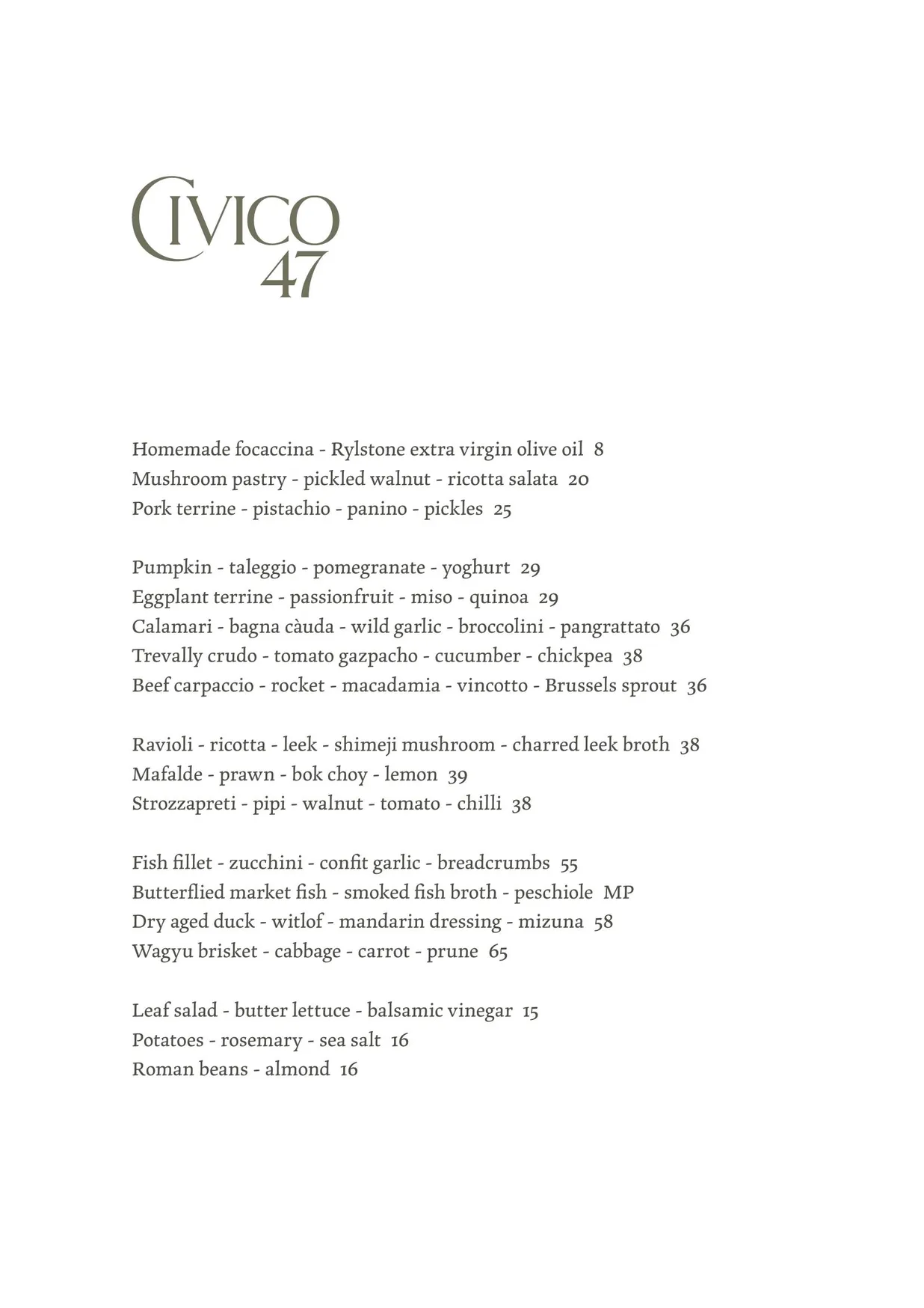 Civico 47 menu, page 1