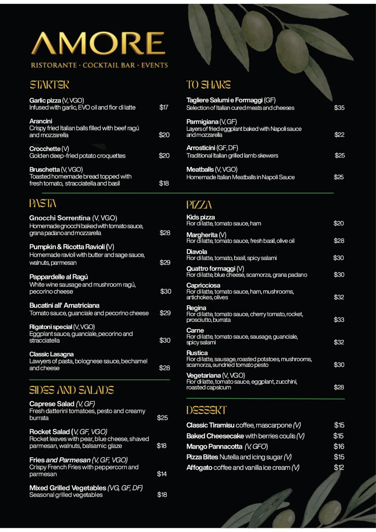 Amore menu, page 1