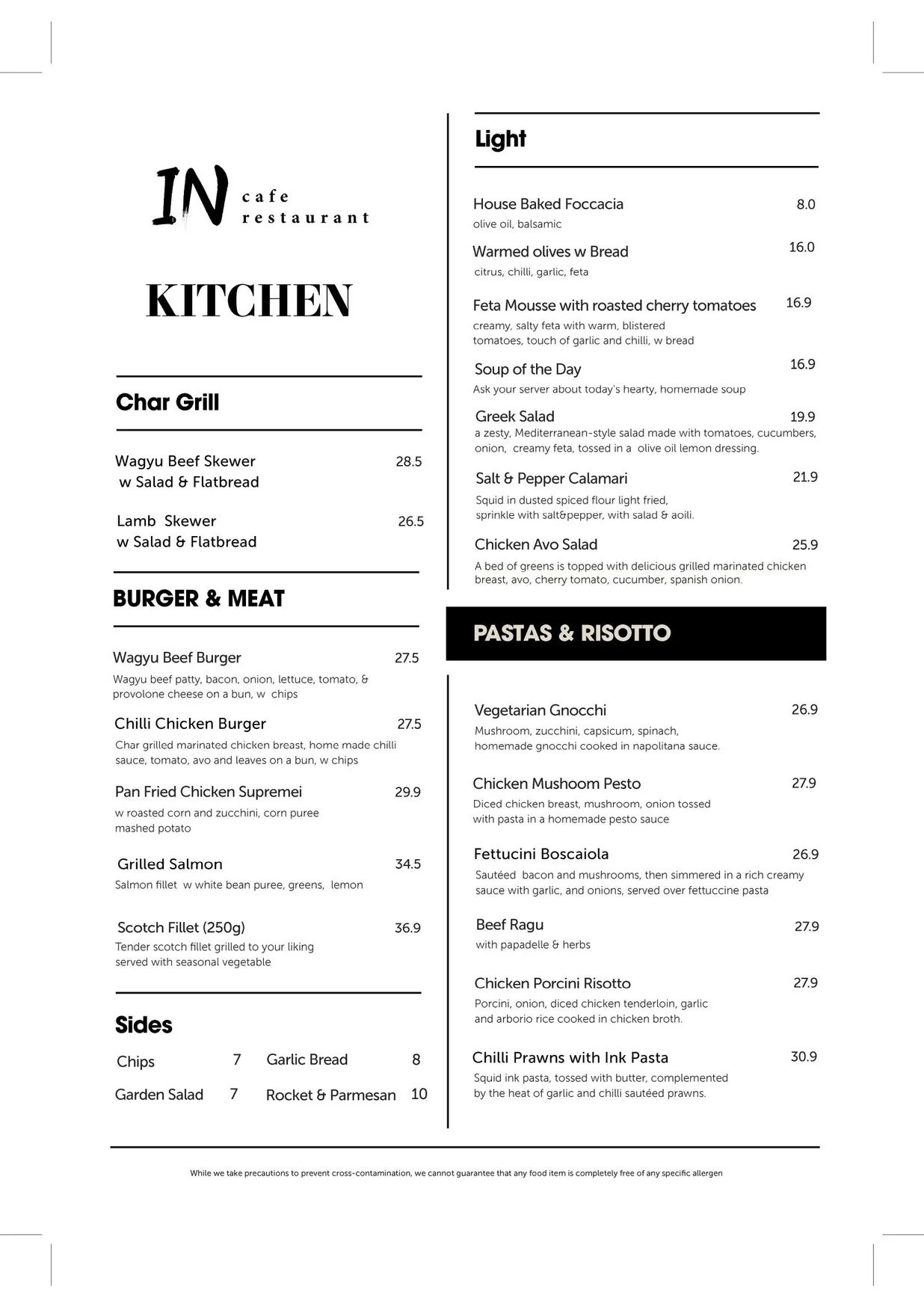 Incafe Restaurant menu, page 1
