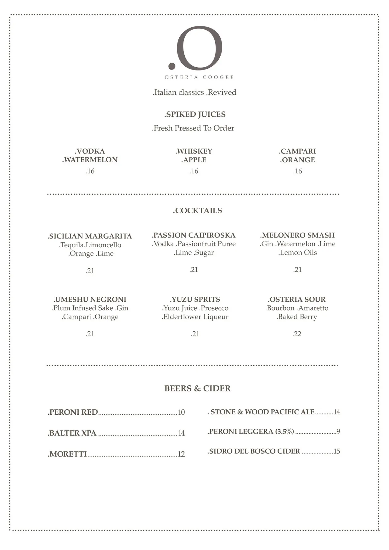 Osteria Coogee menu, page 2