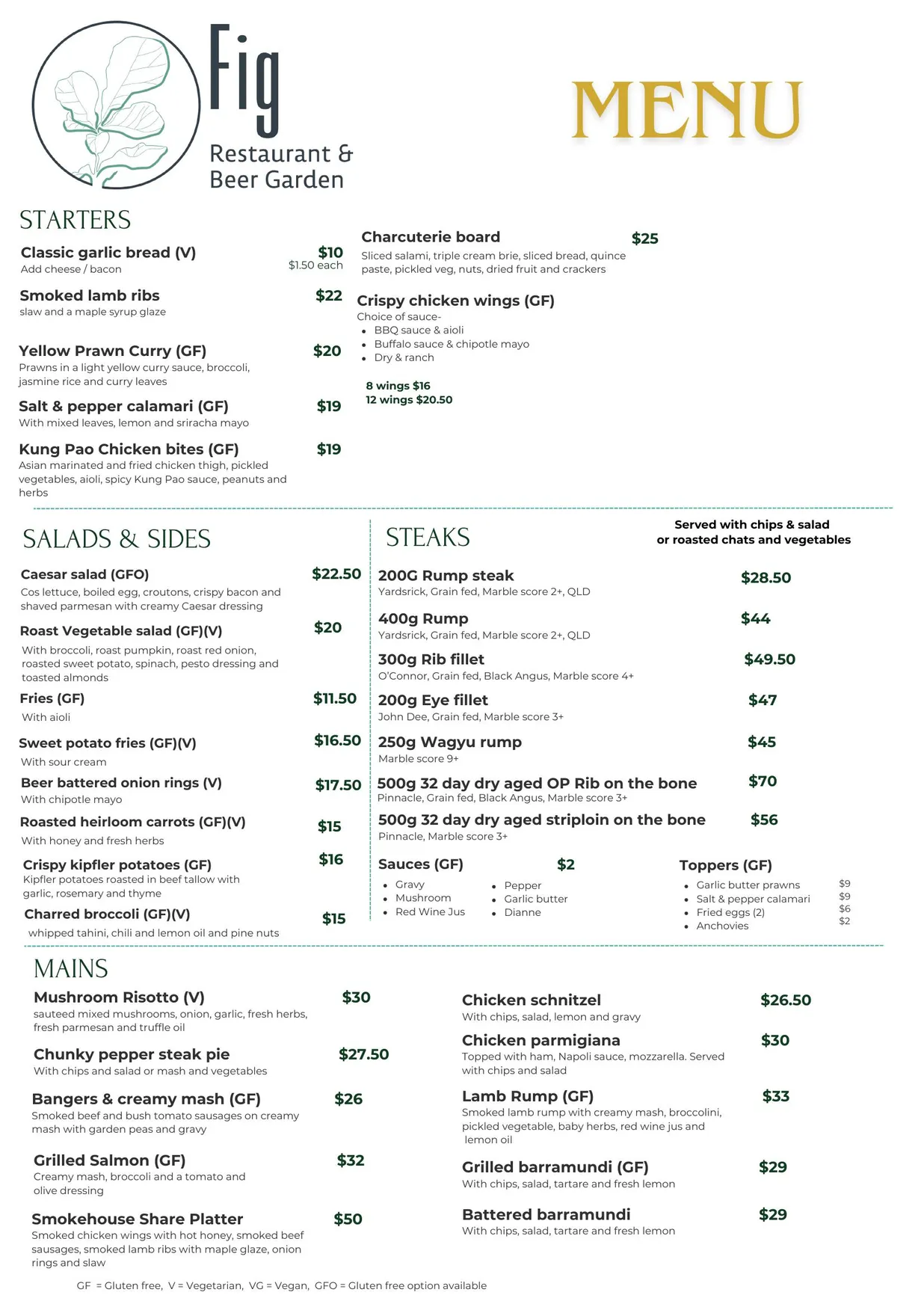 Fig Restaurant and Beer Garden menu, page 1