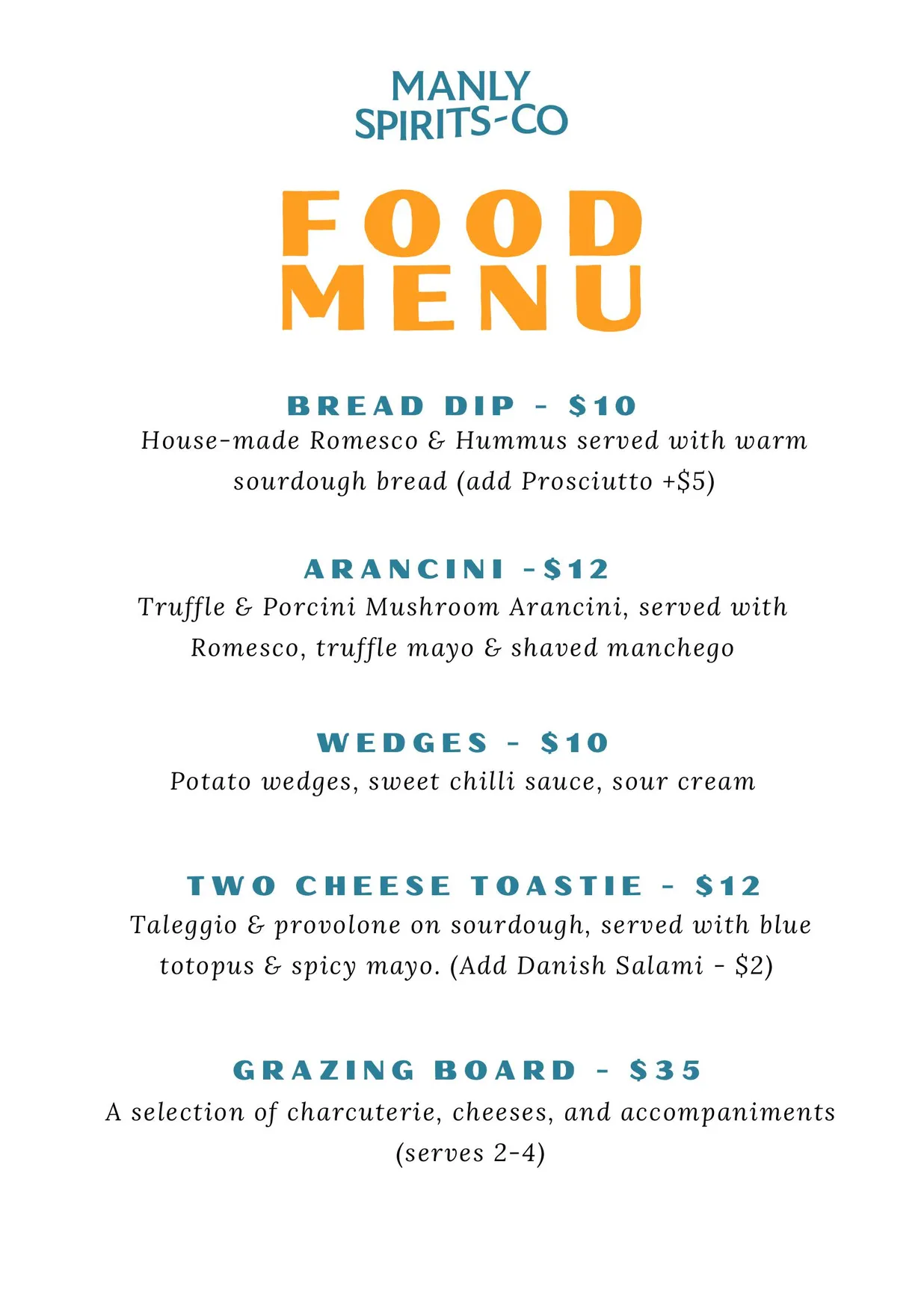 Manly Spirits Distillery menu, page 1