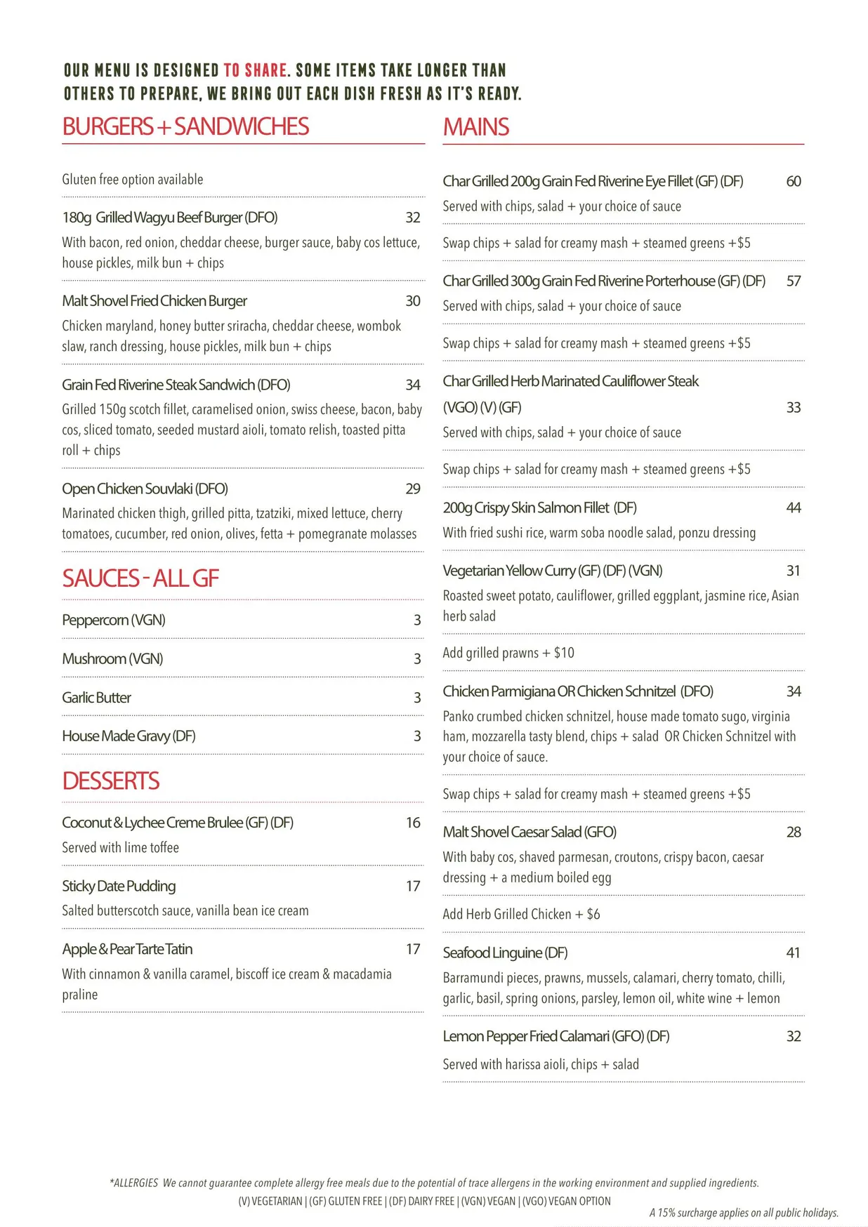 Malt Shovel Taphouse menu, page 2