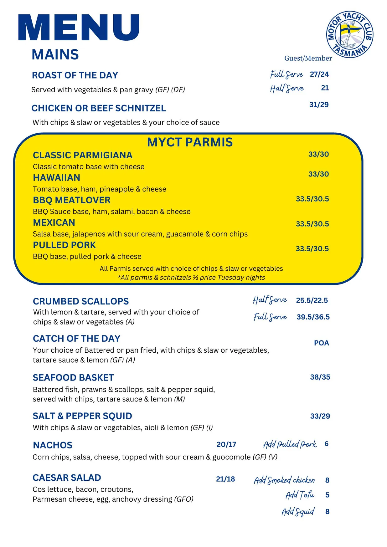 Reflections @ Motor Yacht Club of Tasmania menu, page 2