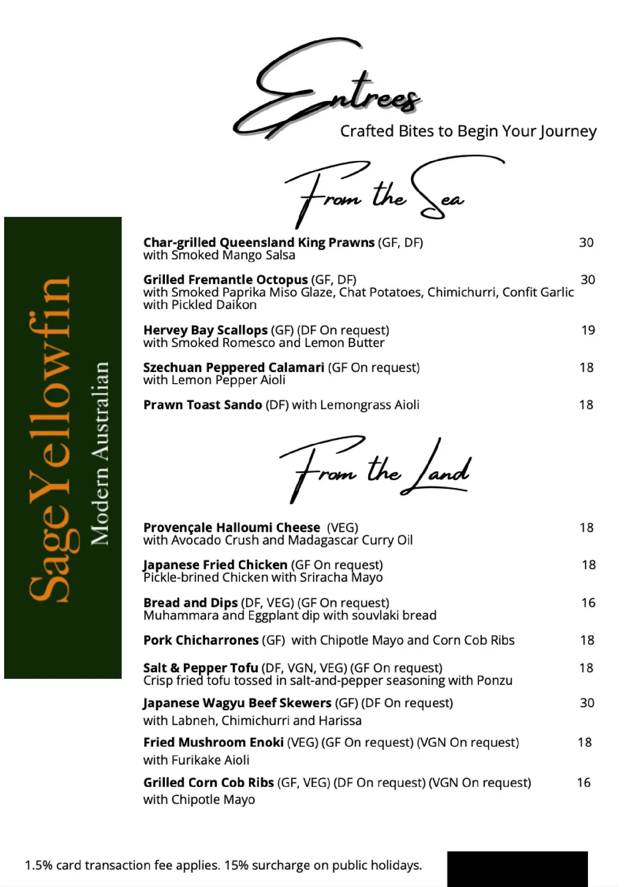 Sage Yellowfin menu, page 1