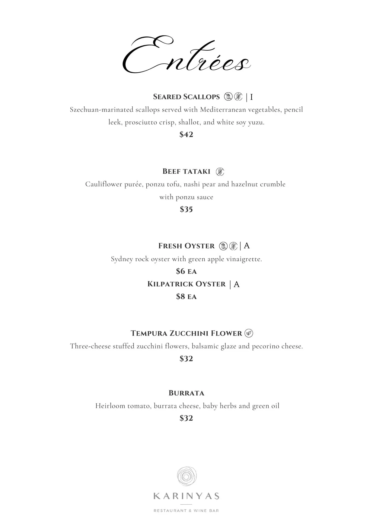 Karinyas Restaurant & Wine Bar menu, page 1
