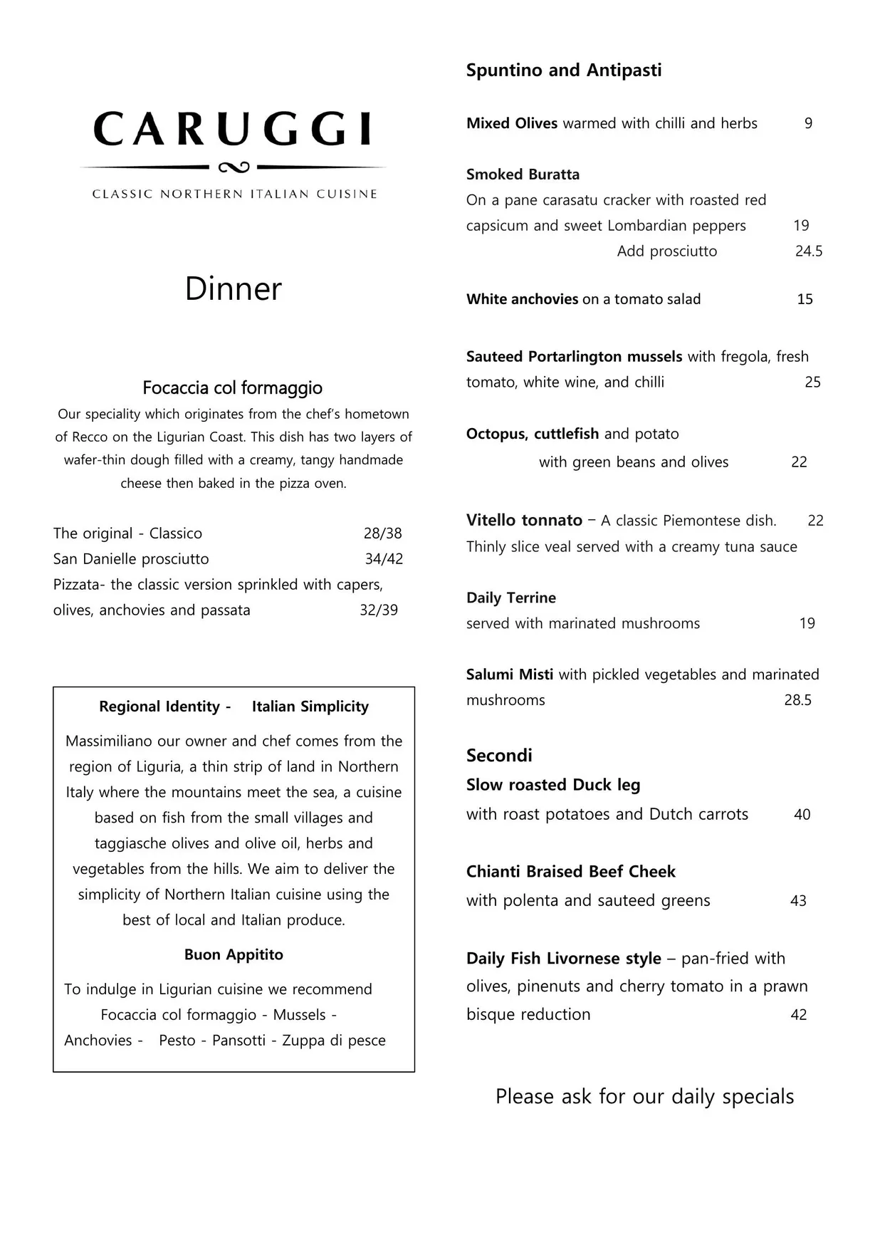 Caruggi menu, page 1