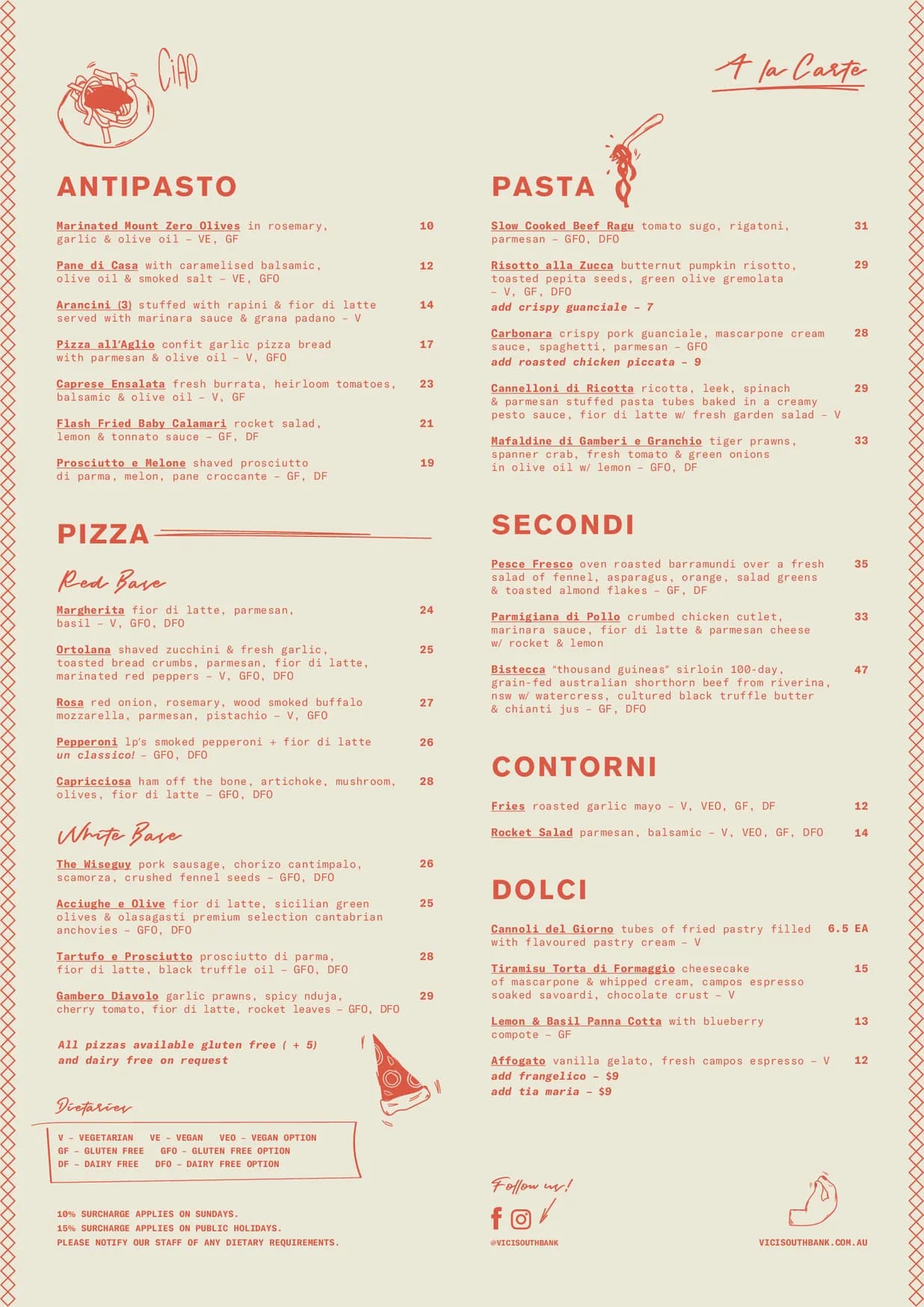 Vici Italian menu, page 3