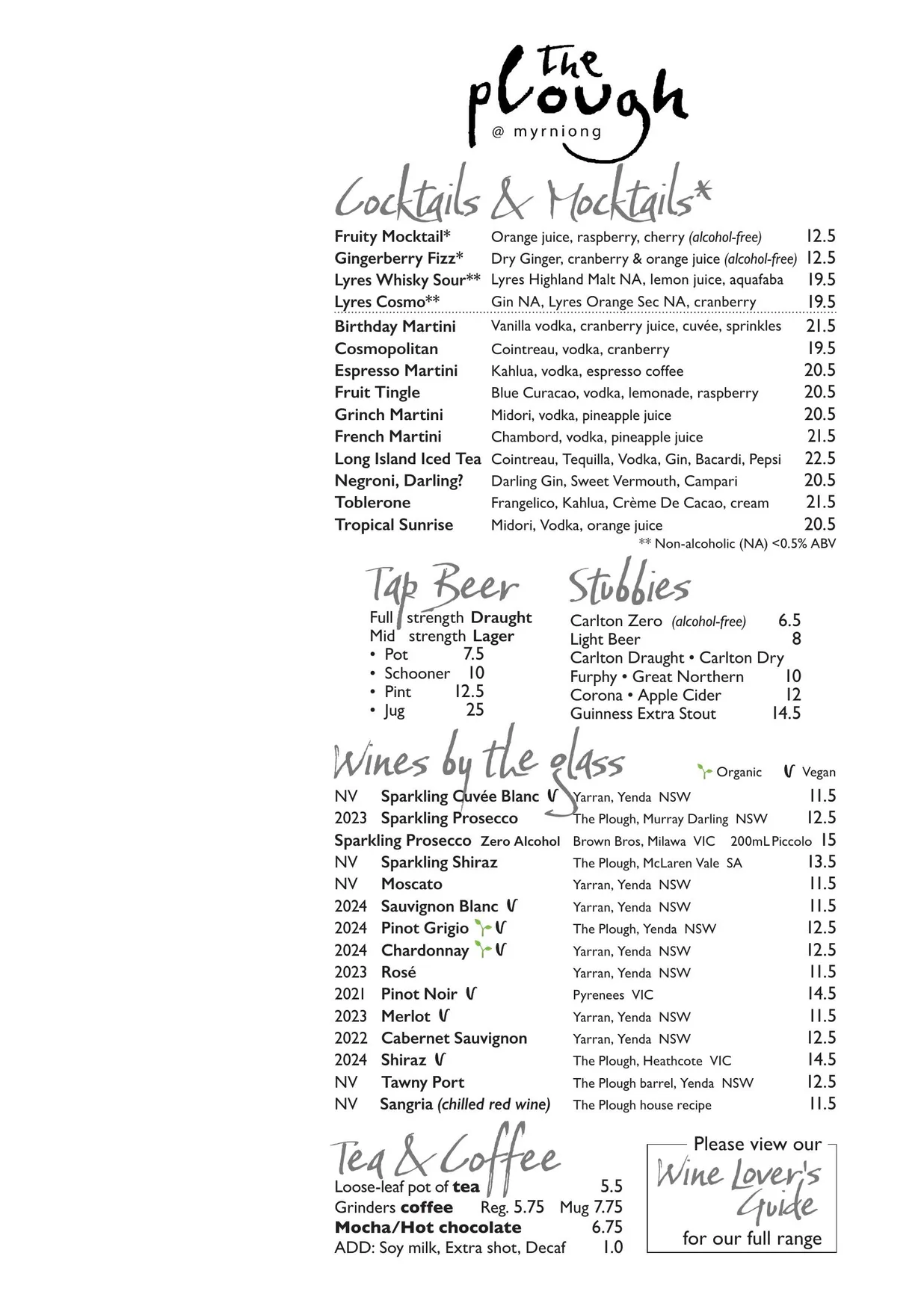 The Plough menu, page 1