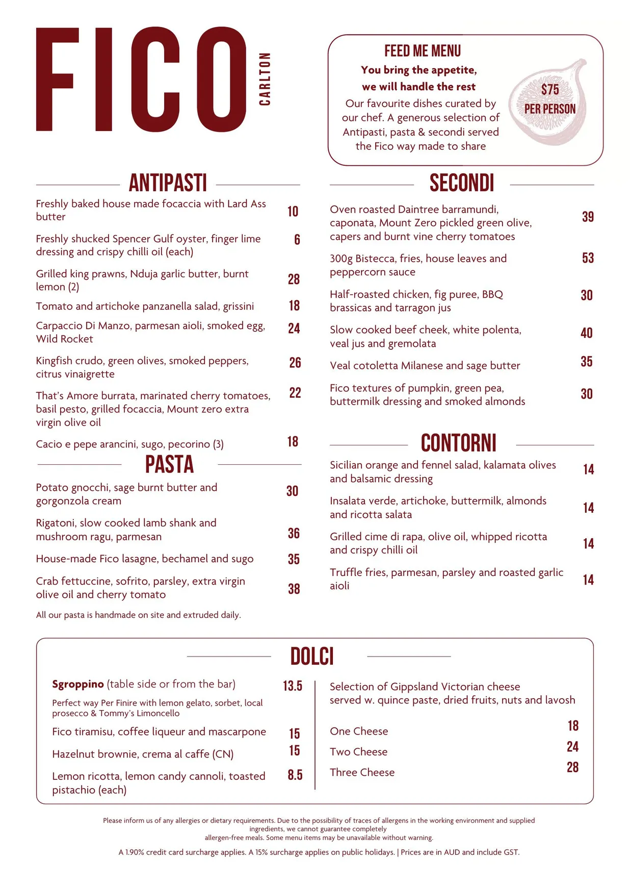Fico Carlton menu, page 1