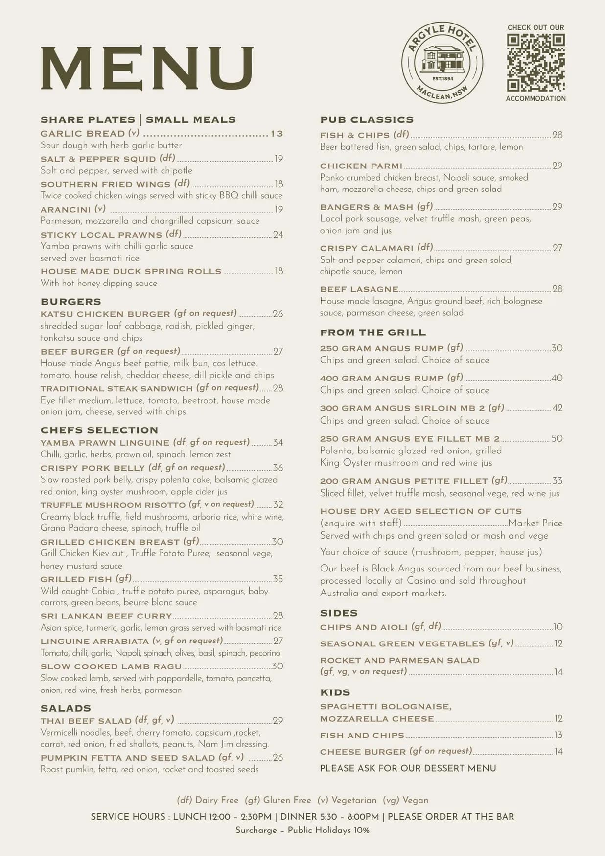 Argyle Hotel menu, page 1