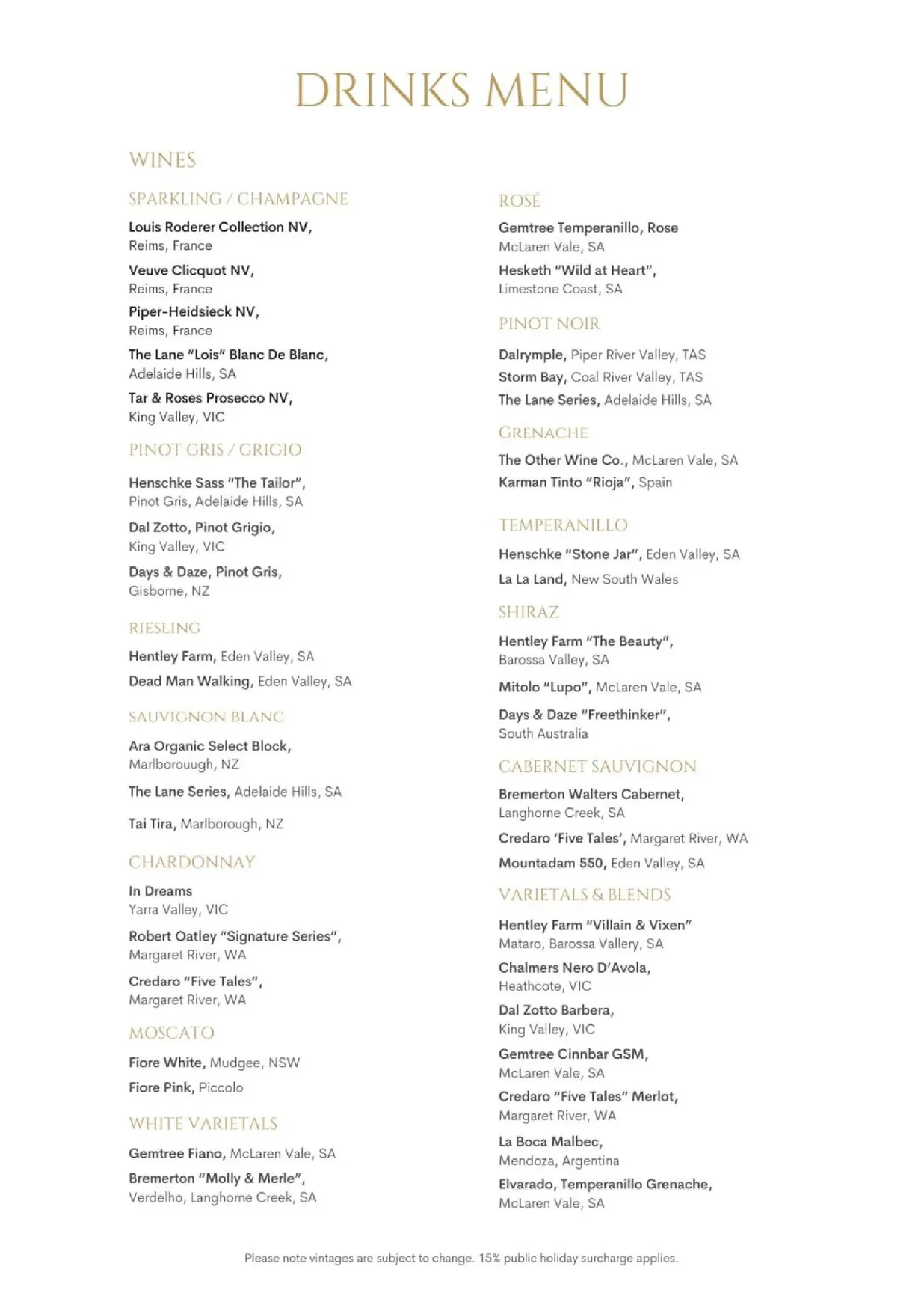 Goldfinch Restaurant menu, page 1