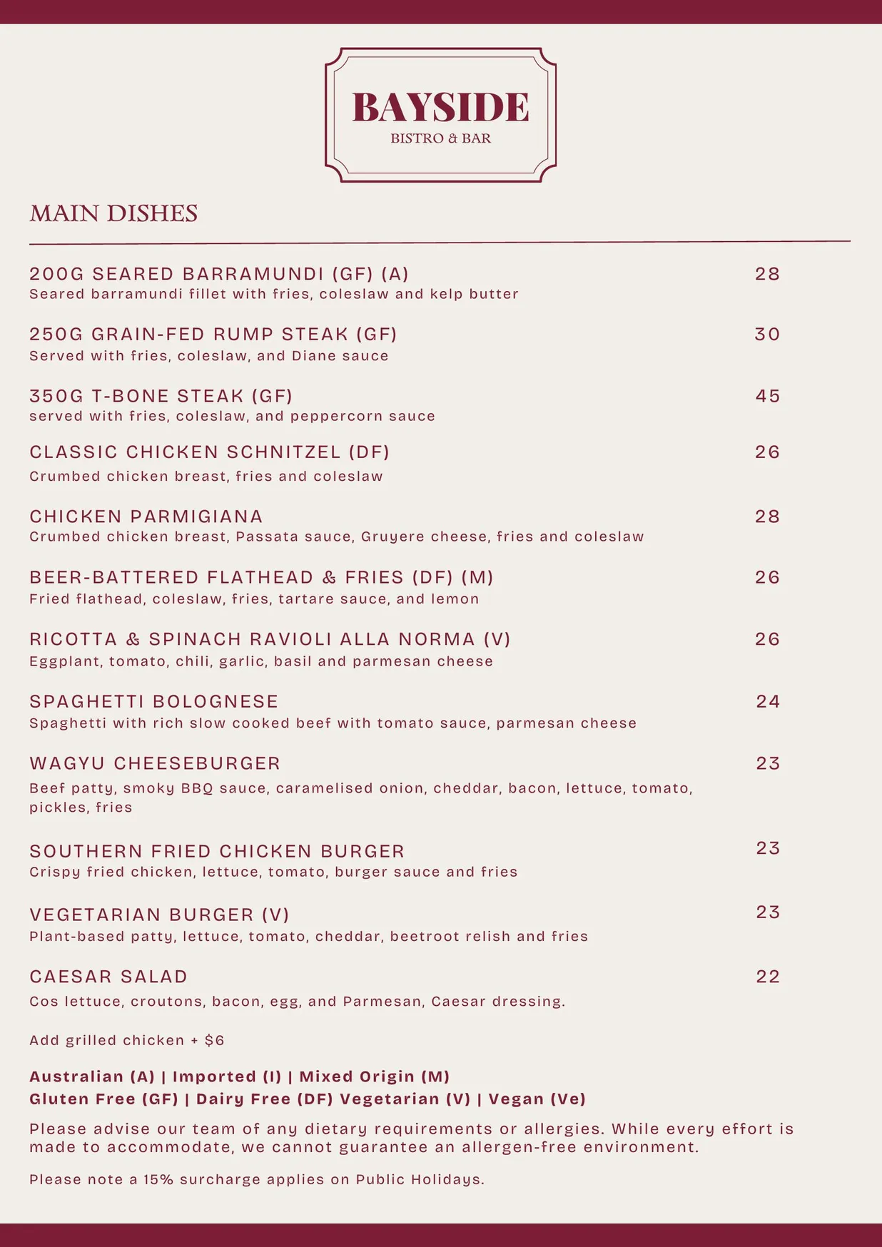 Bayside Bistro & Bar menu, page 1