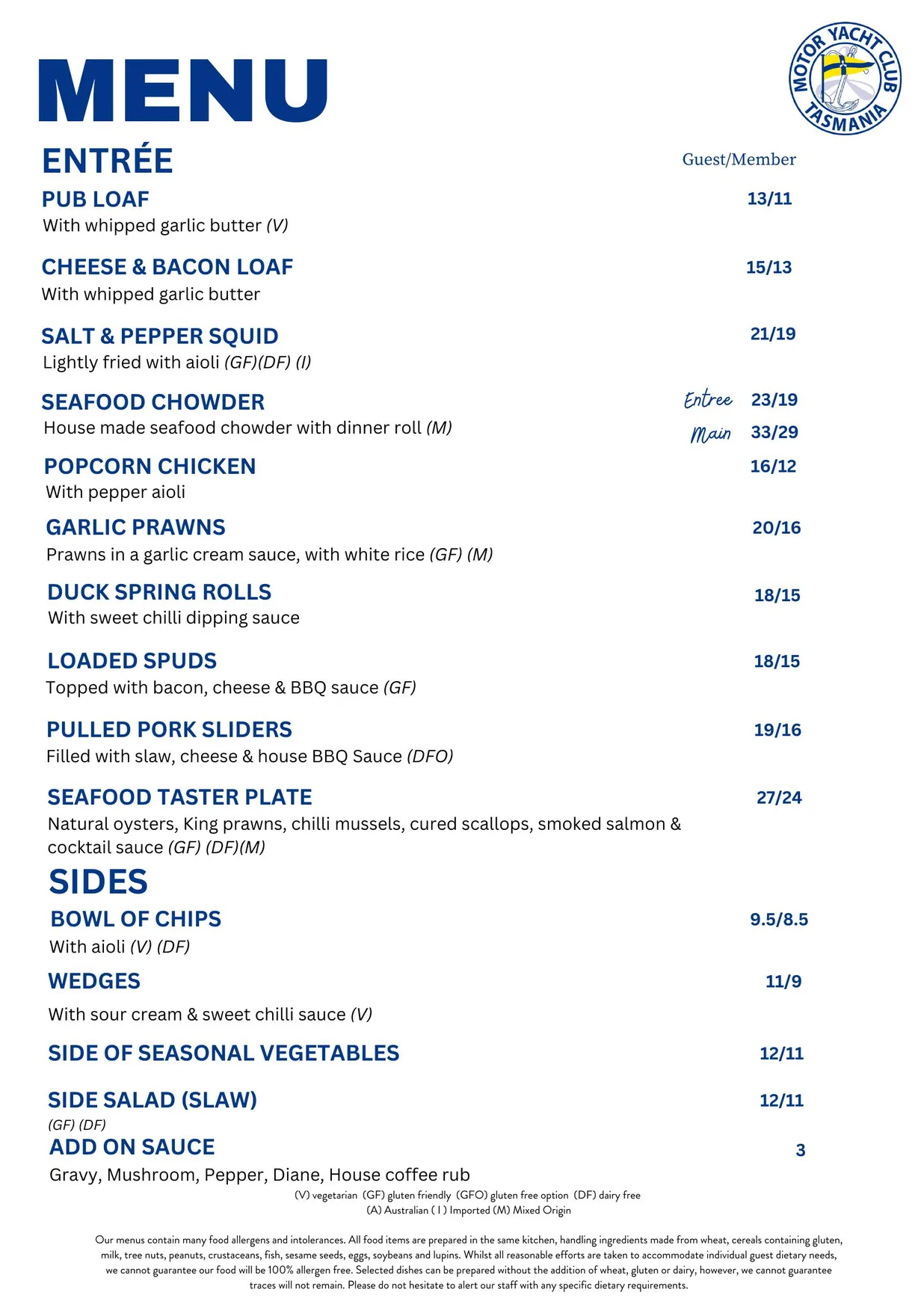 Reflections @ Motor Yacht Club of Tasmania menu, page 1