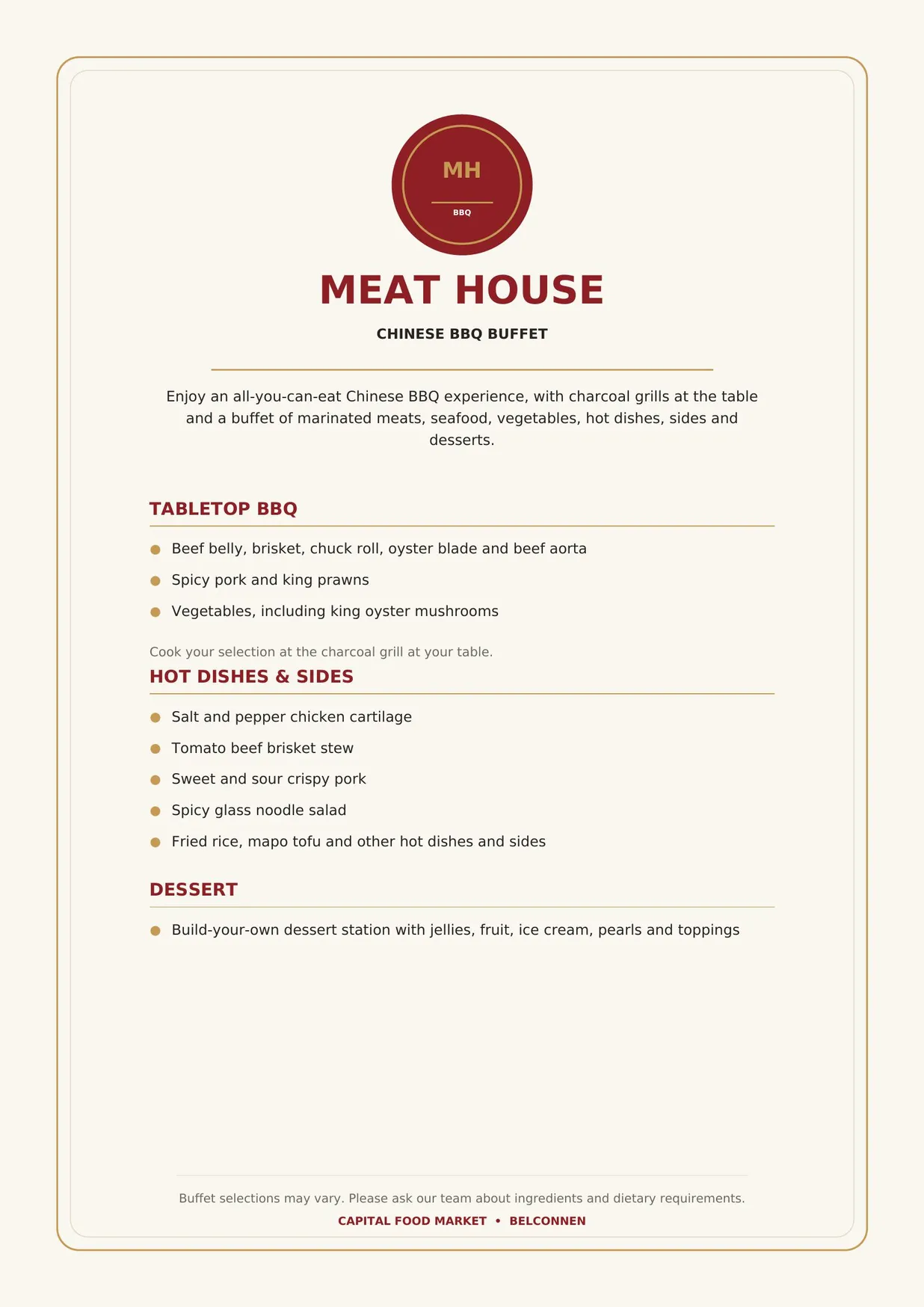 Meat House - Chinese BBQ Buffet menu, page 1
