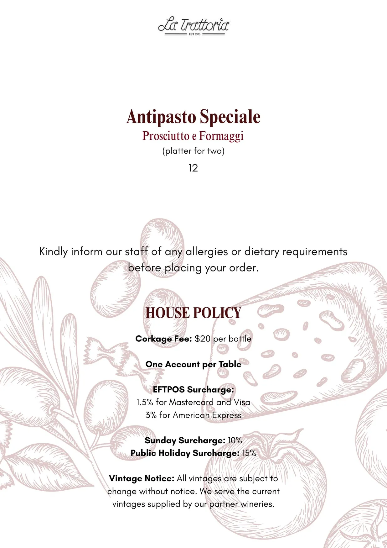 La Trattoria menu, page 2