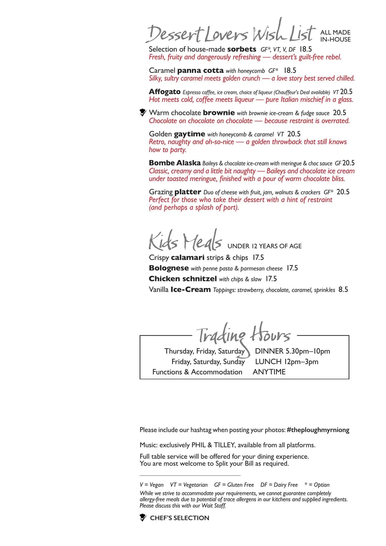 The Plough menu, page 4