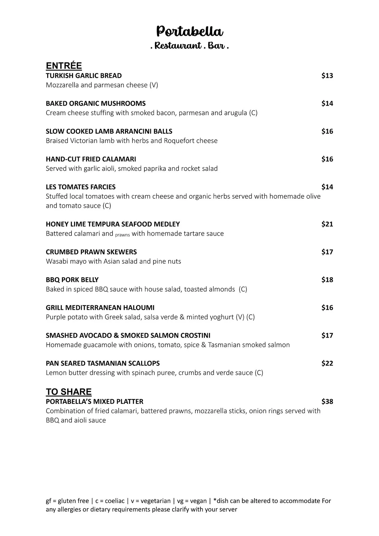 Portabella menu, page 1