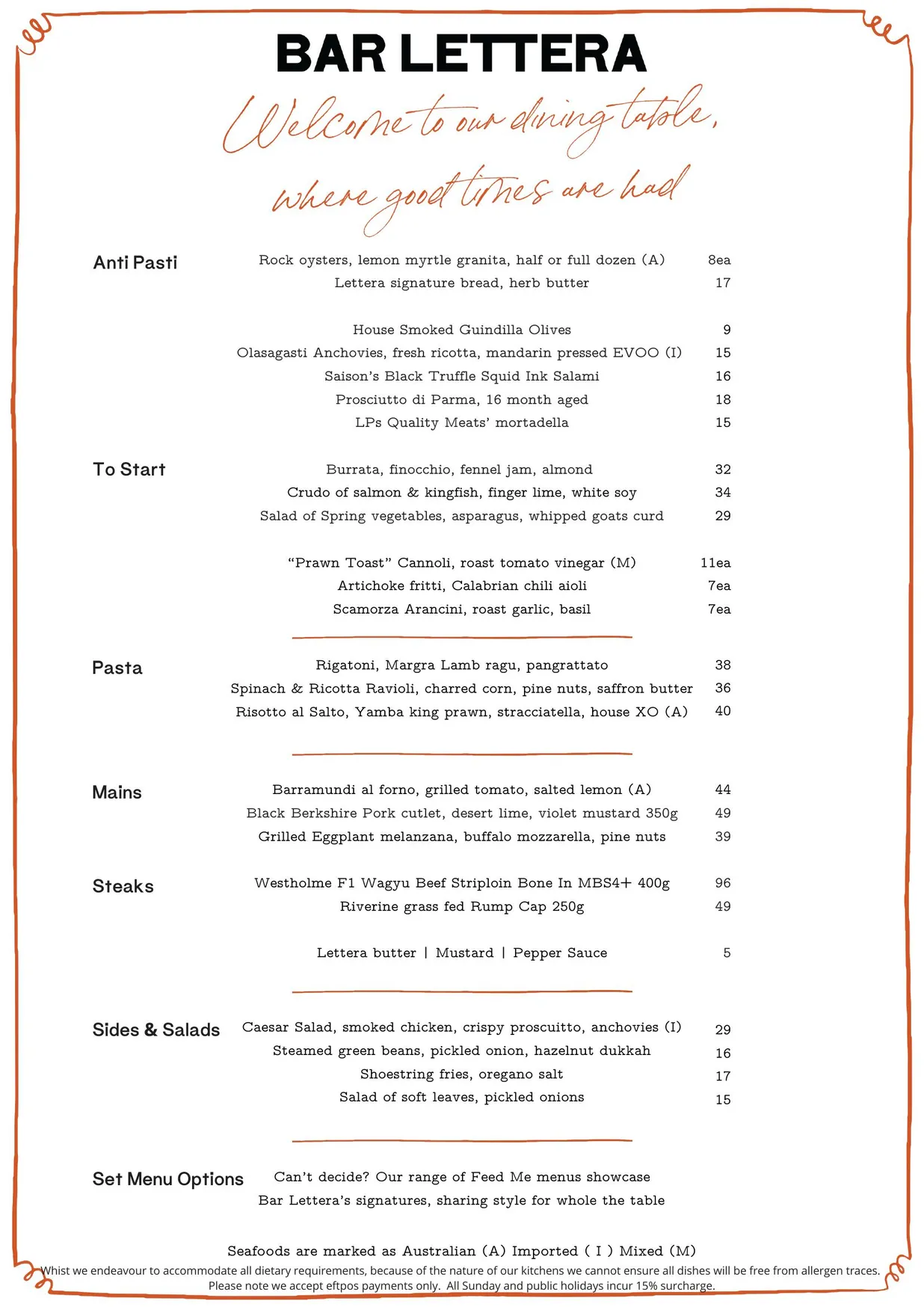 Bar Lettera menu, page 1