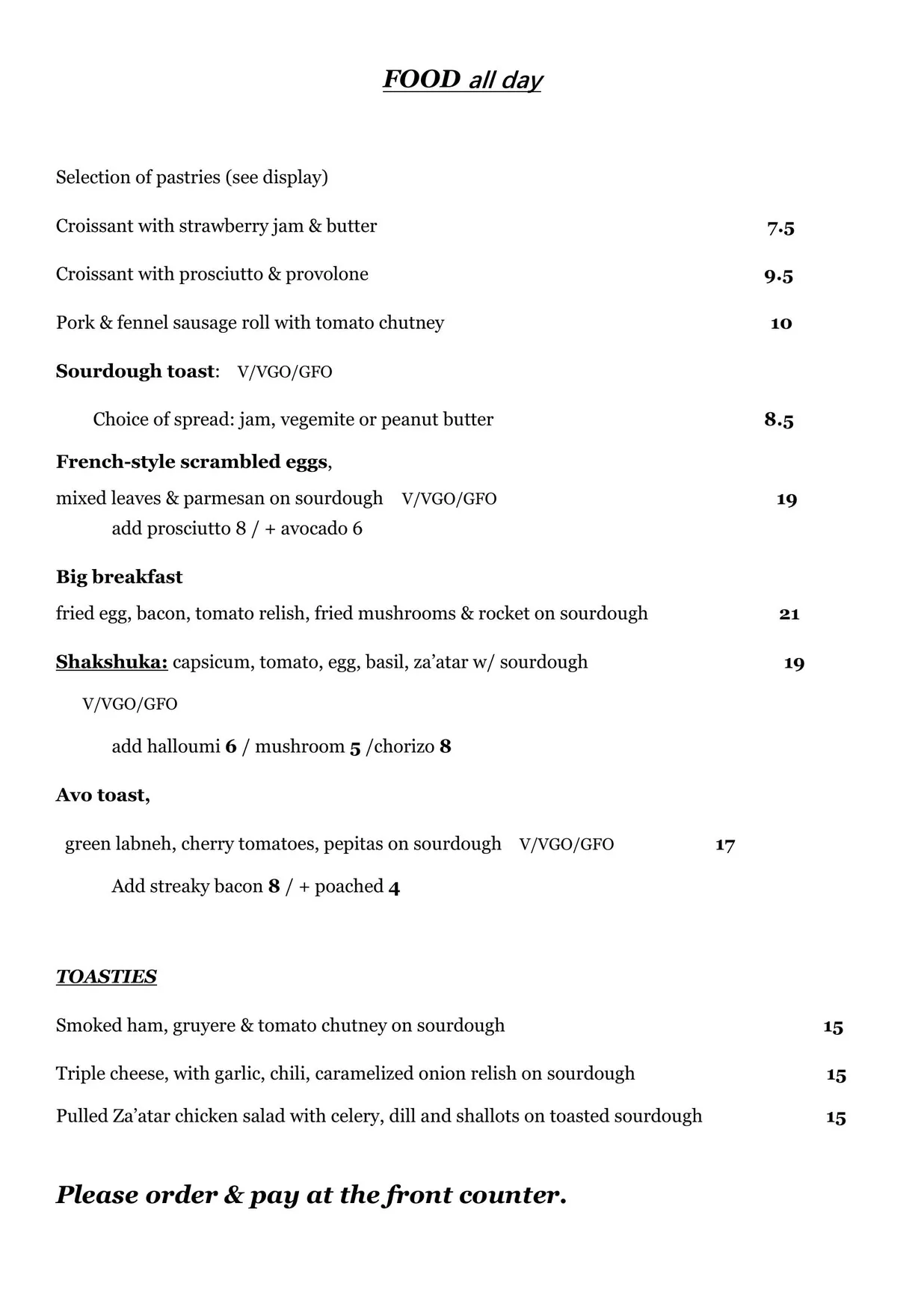 Young Barons menu, page 1
