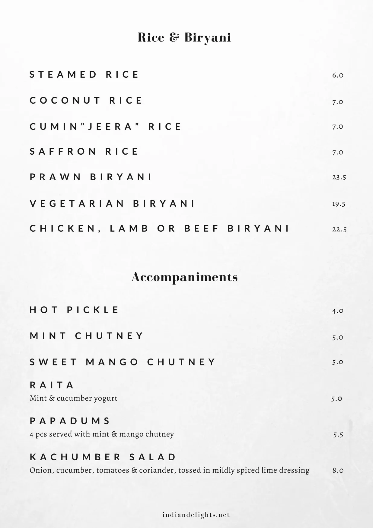 Indian Delights menu, page 7