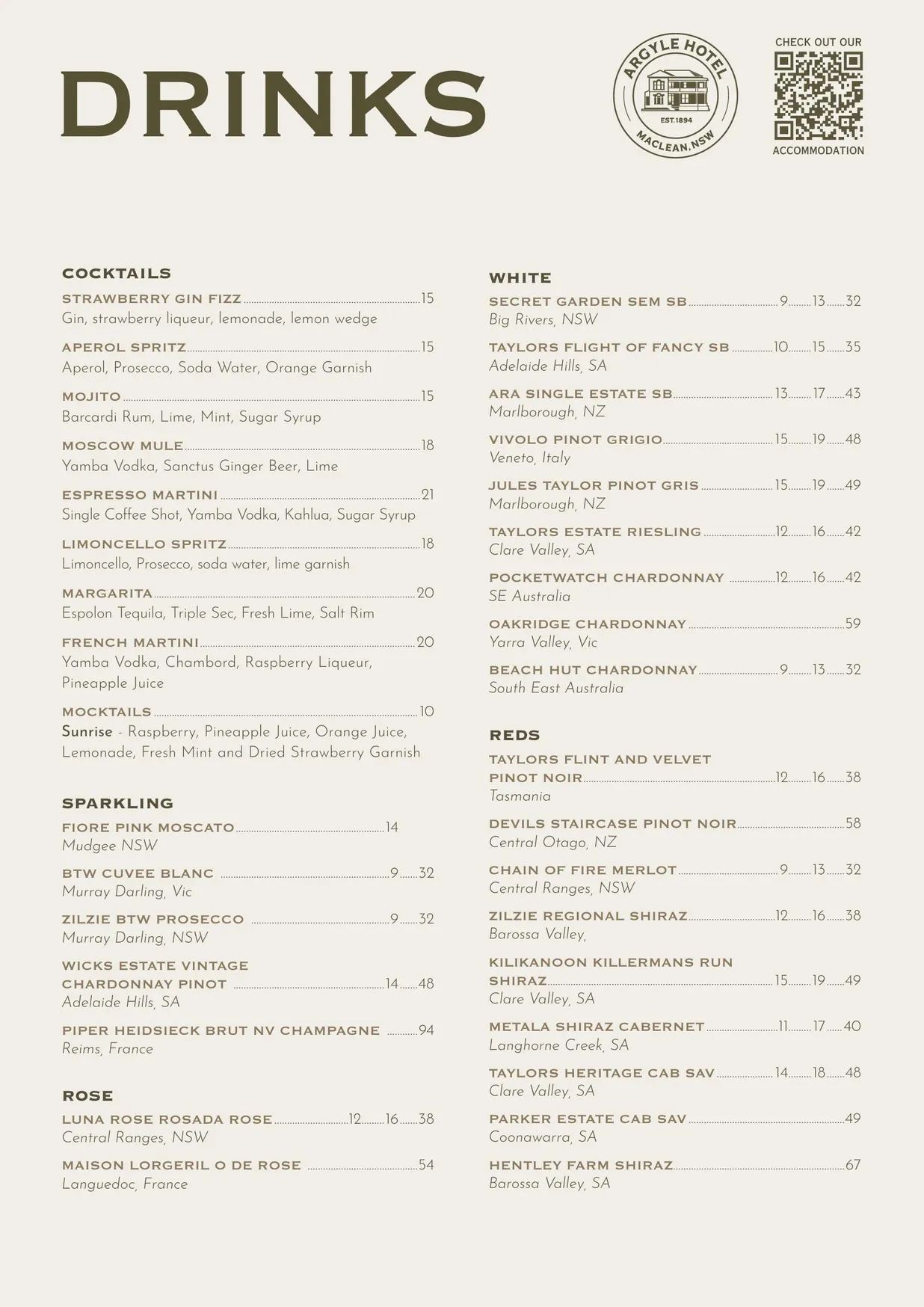 Argyle Hotel menu, page 2