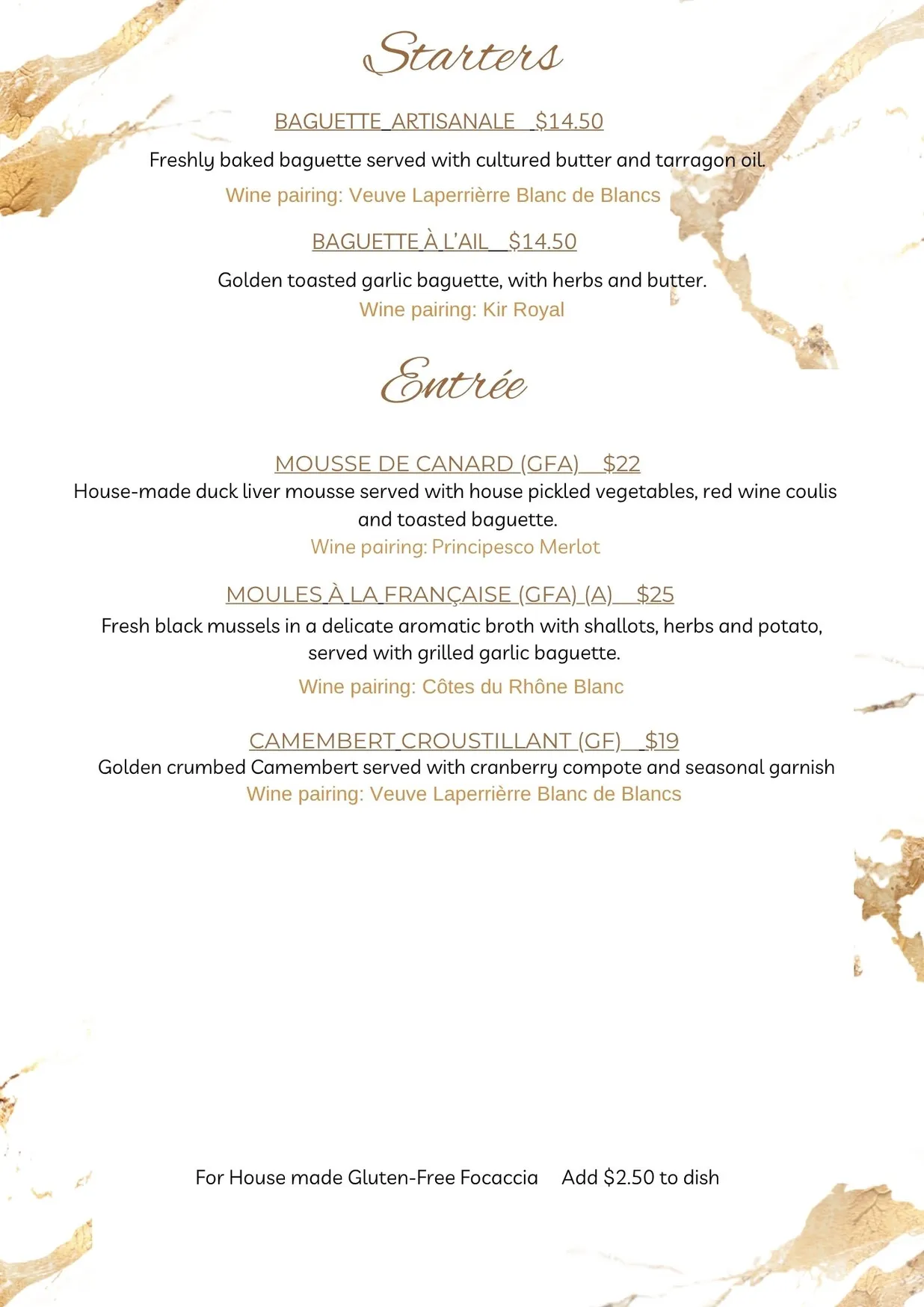 The French Table menu, page 1