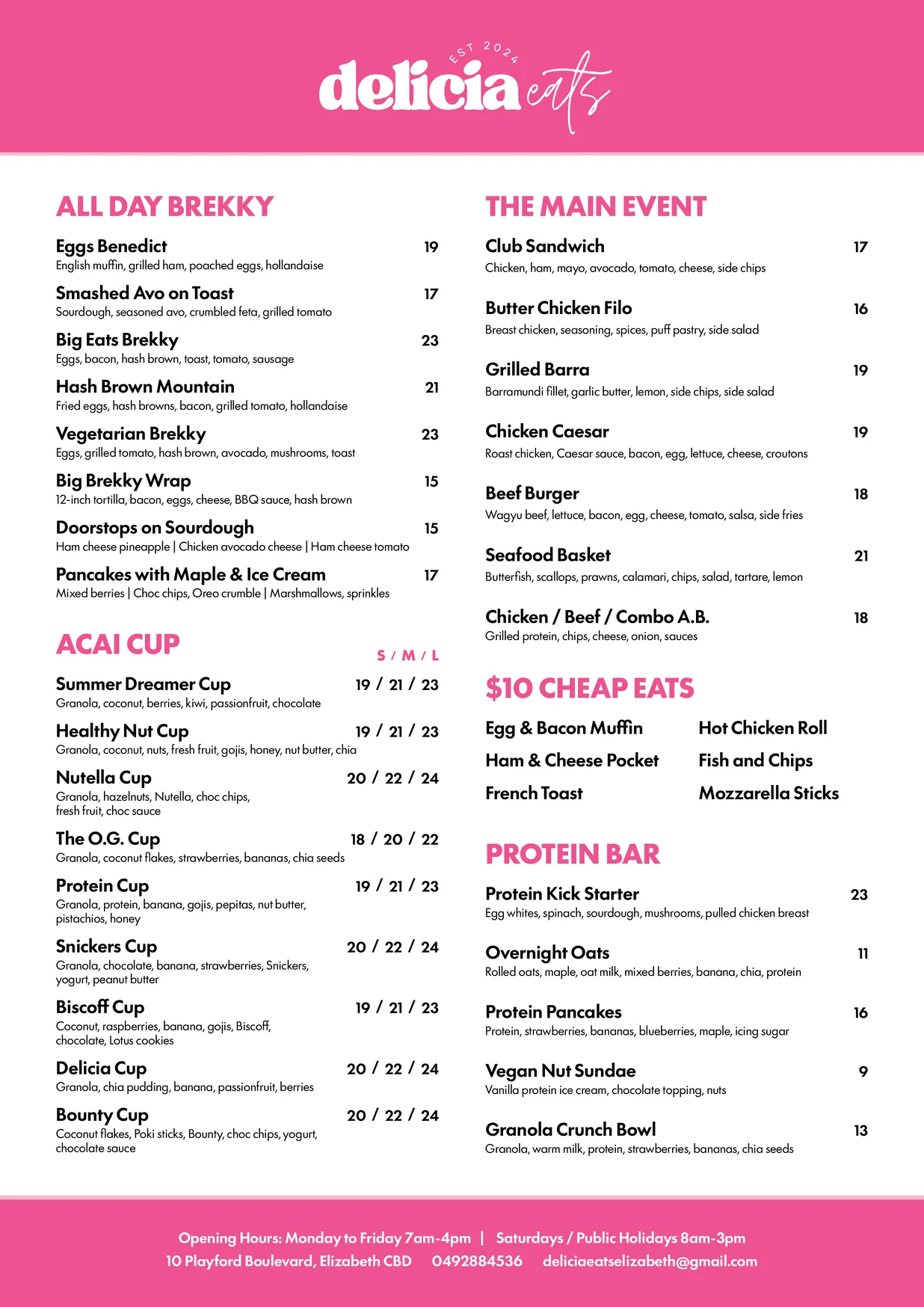 Delicia Eats Elizabeth menu, page 1