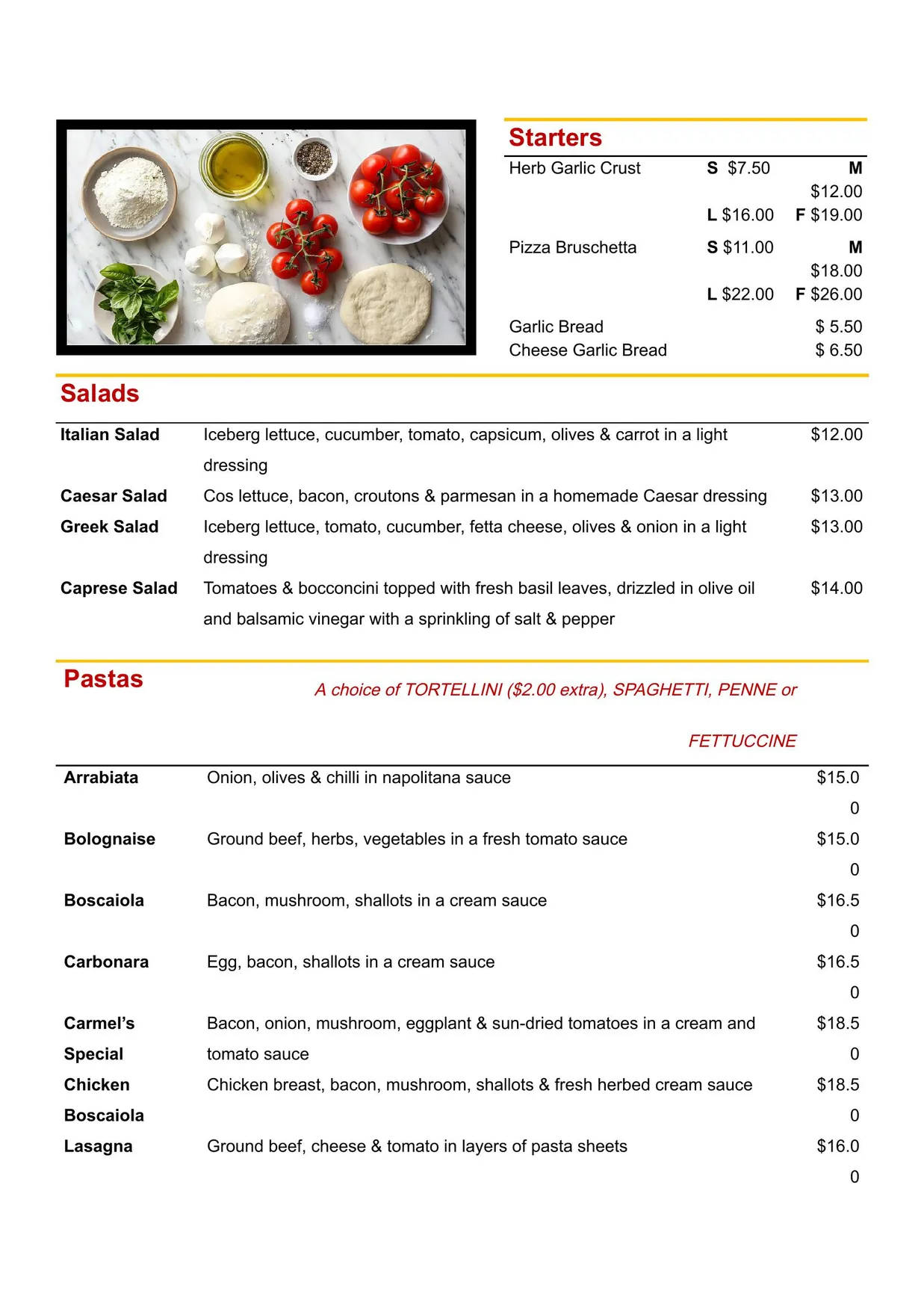 JC's Pizza menu, page 1