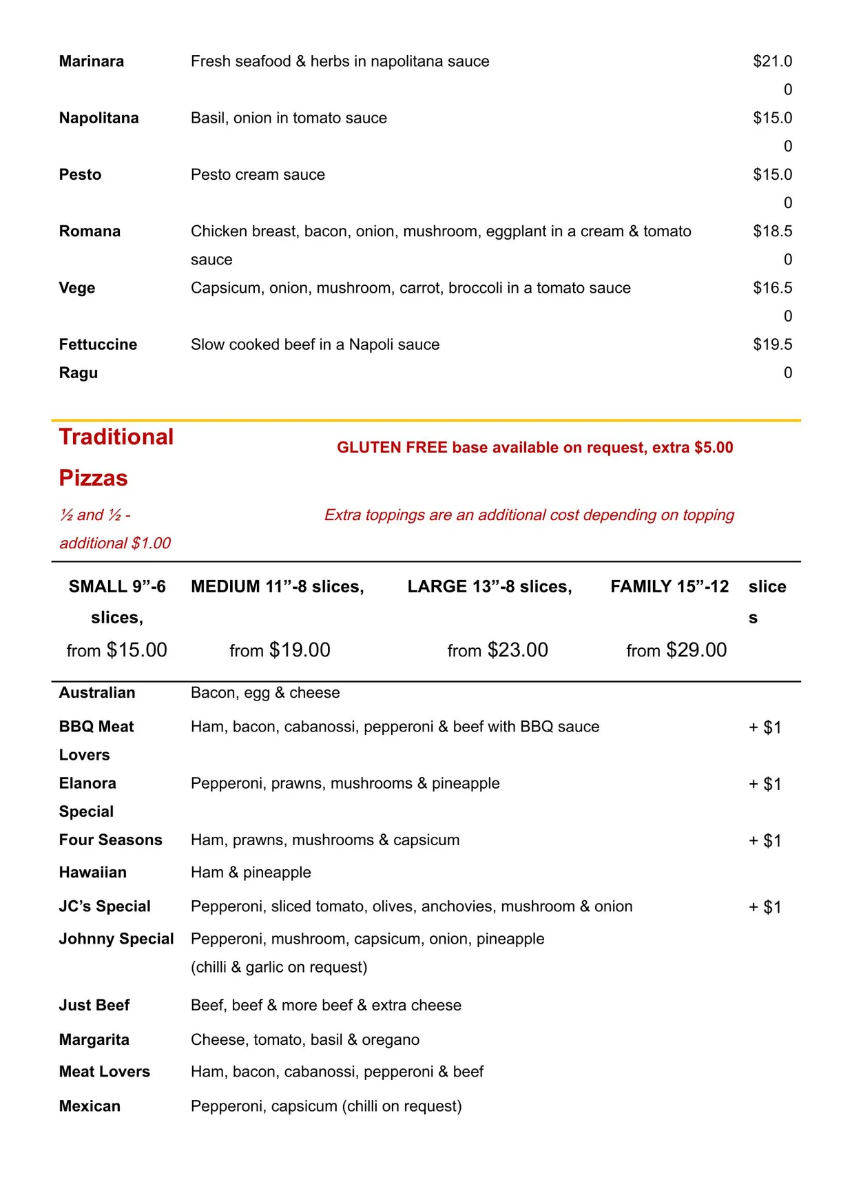 JC's Pizza menu, page 2