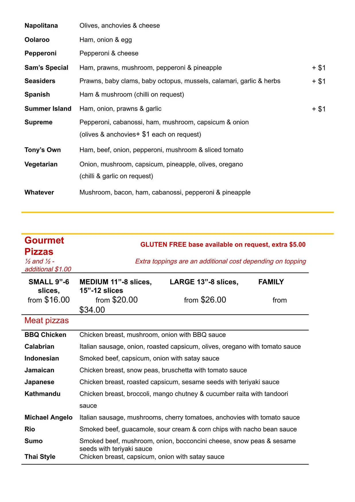 JC's Pizza menu, page 3