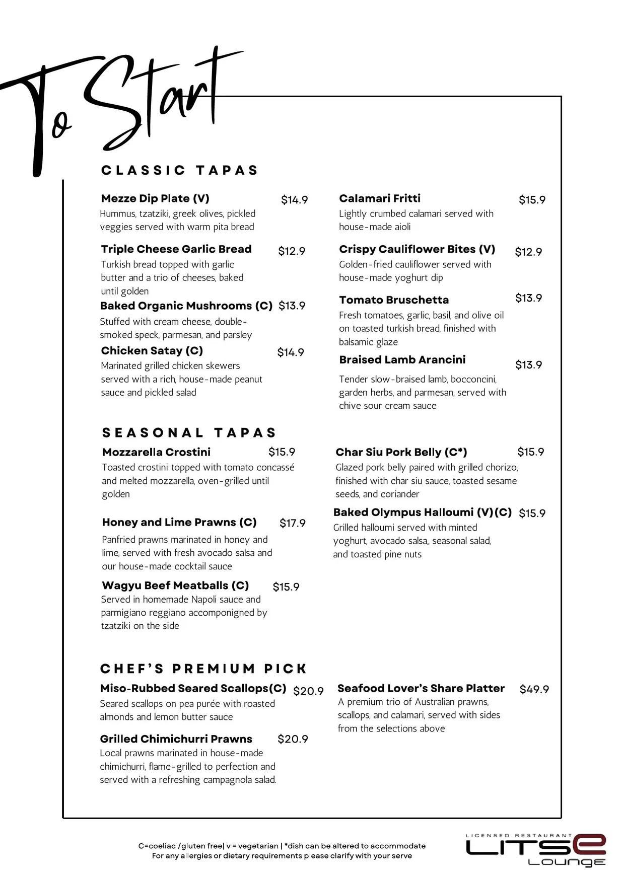 Litse Lounge menu, page 1