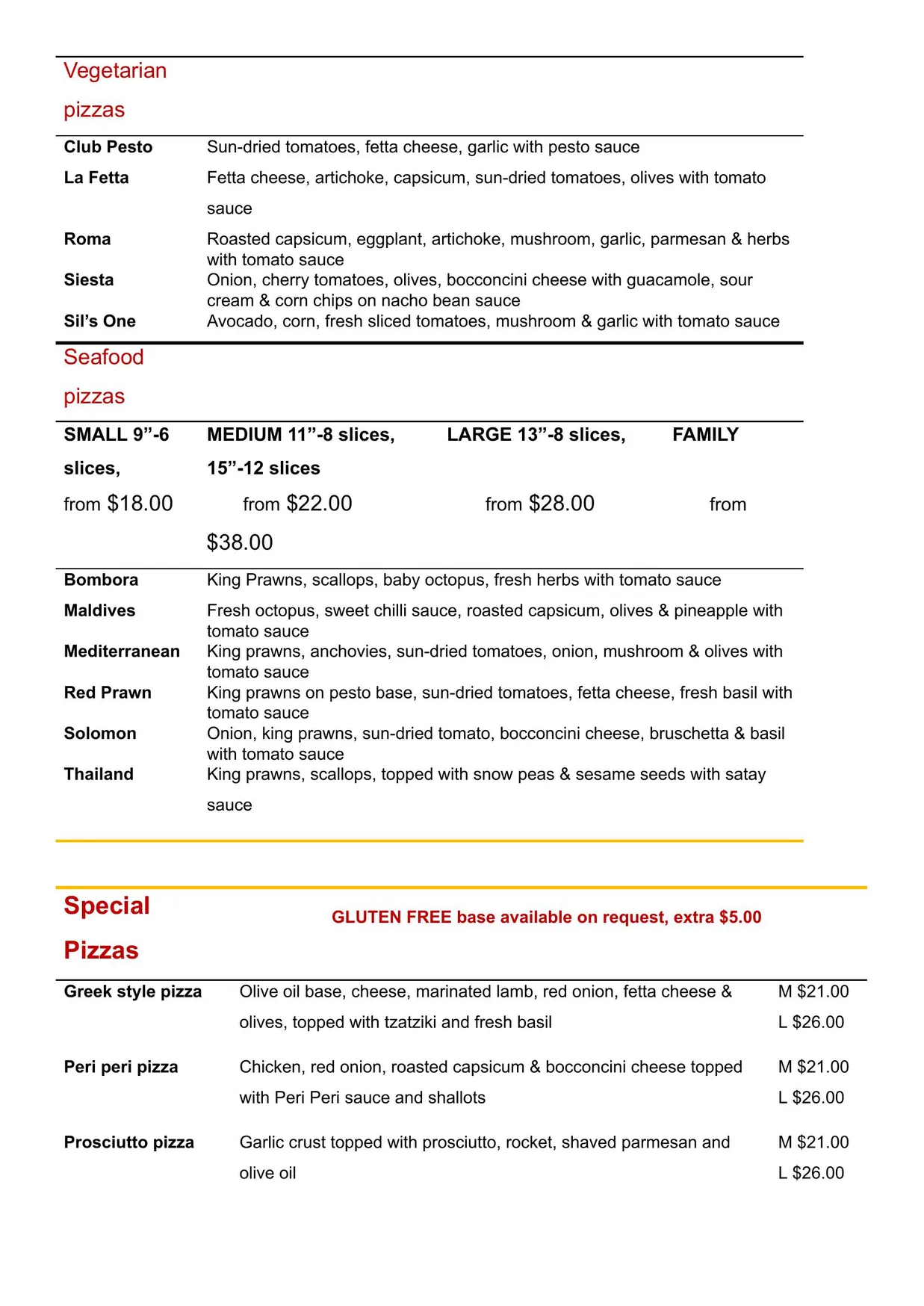 JC's Pizza menu, page 4