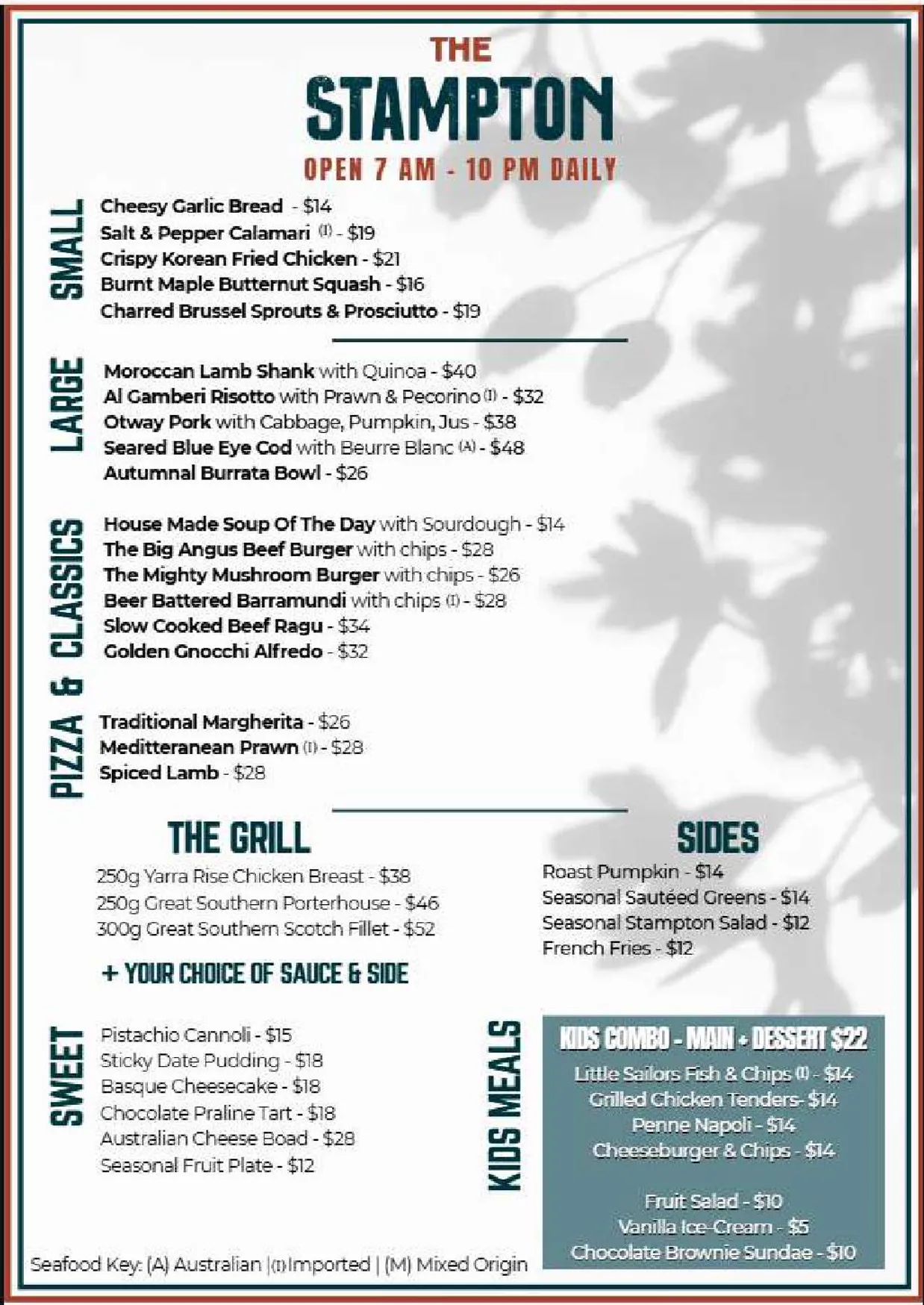 The Stampton menu, page 1