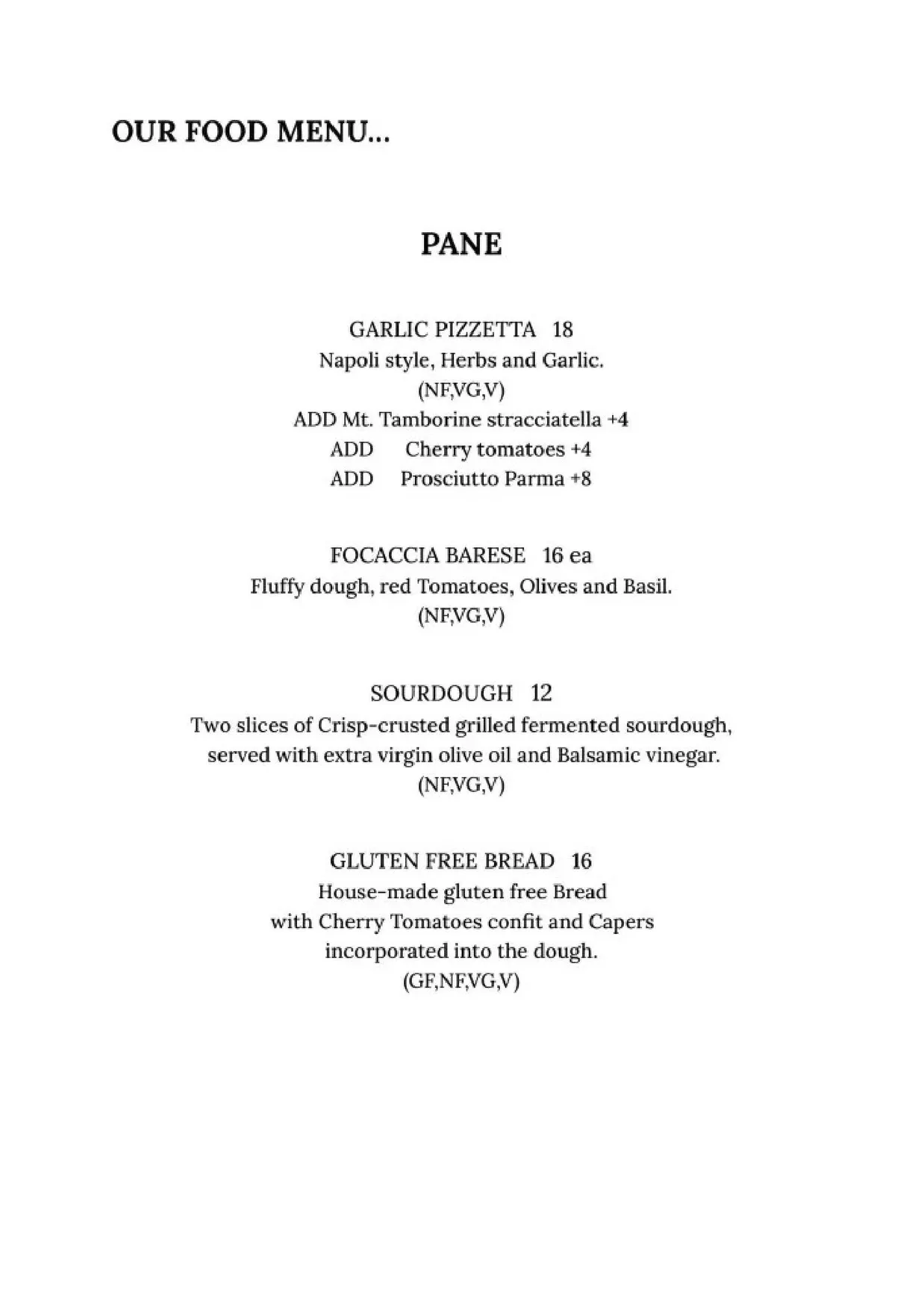 Fratelli Pizzeria by Vincenzo Abbate menu, page 1