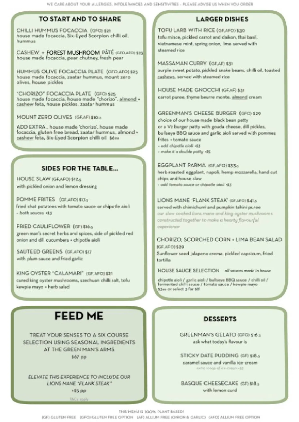 Green Man's Arms menu, page 1