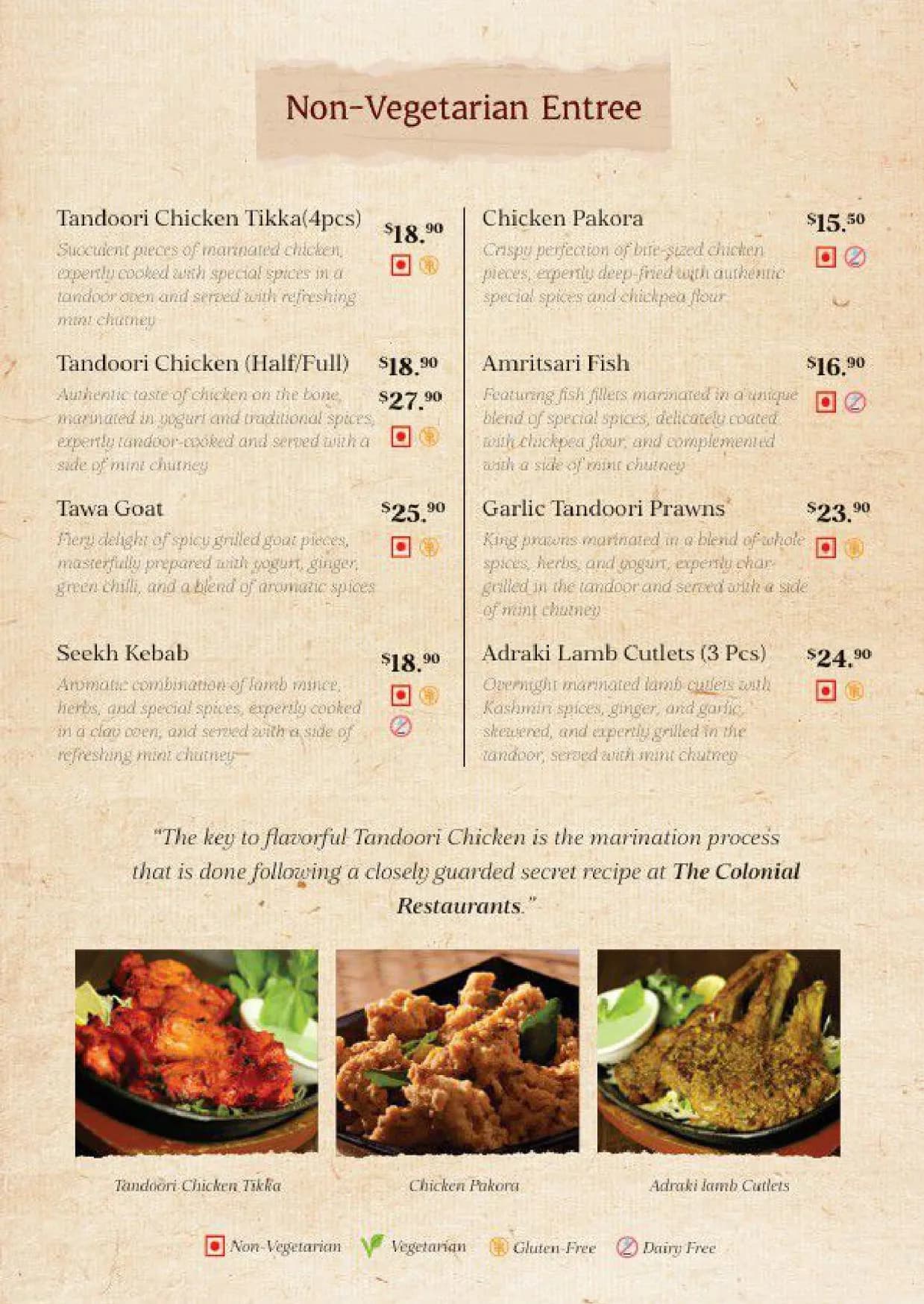 The Colonial British Indian Cuisine Balmain menu, page 1