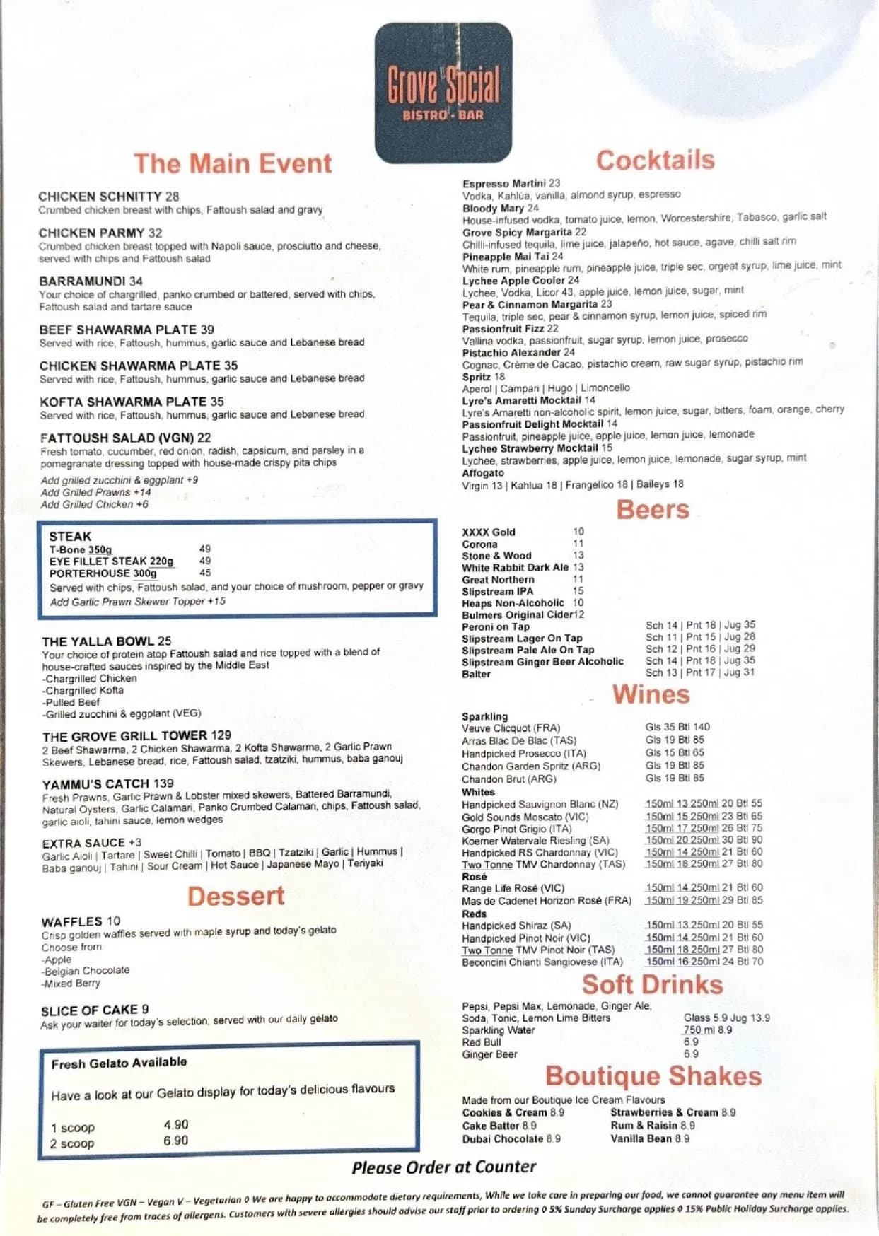 Grove Social menu, page 1