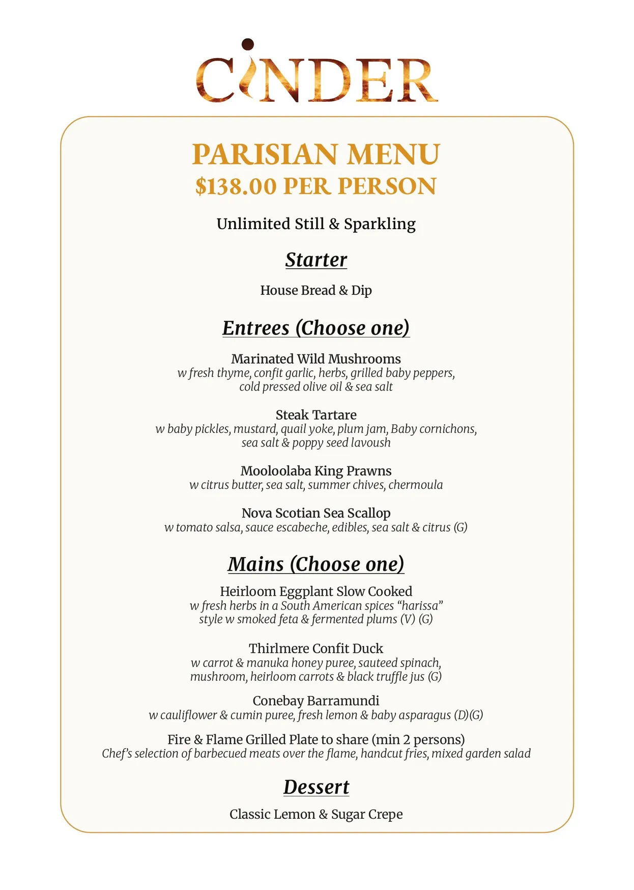 Cinder Restaurant menu, page 1