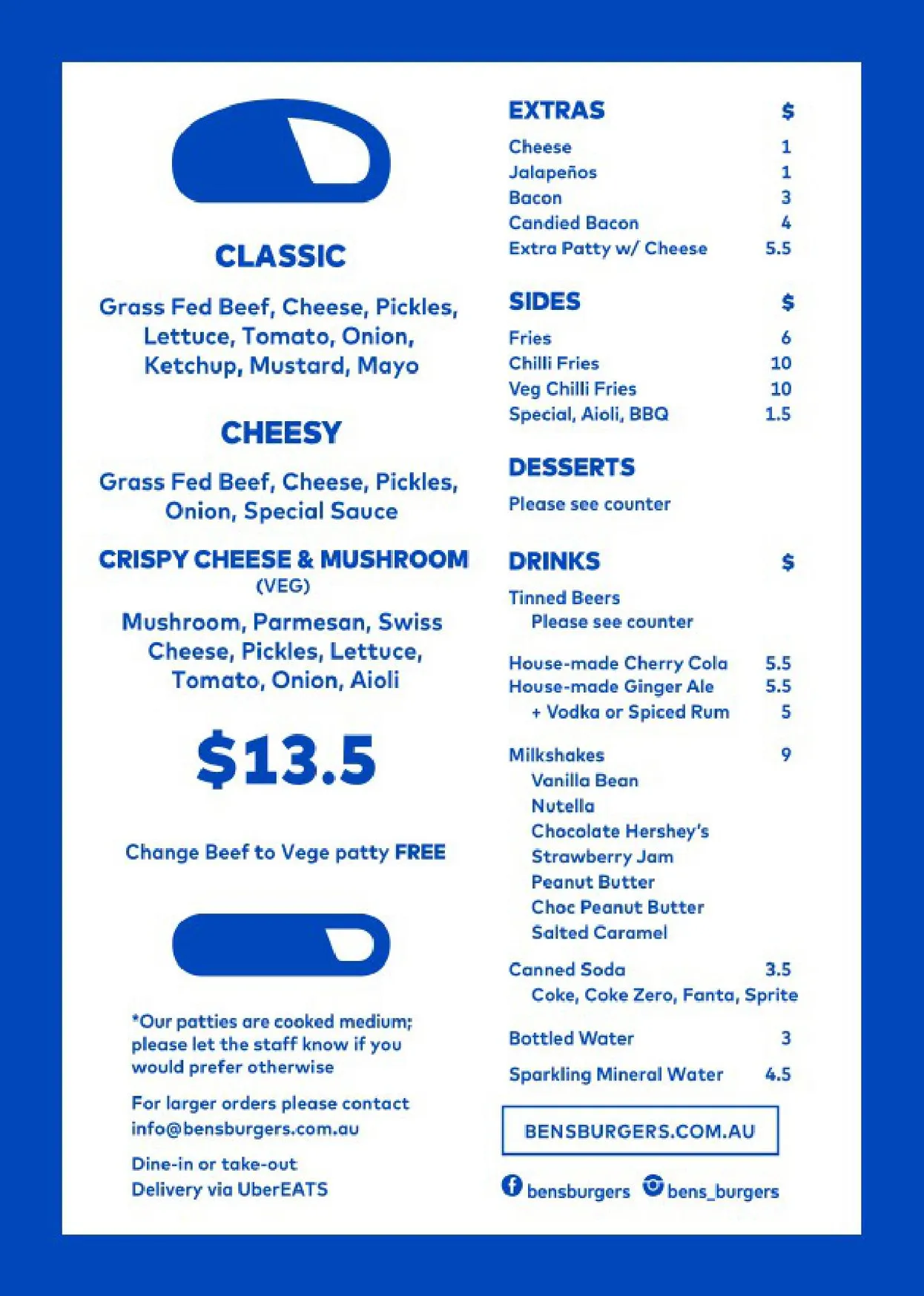 Ben’s Burgers menu, page 1