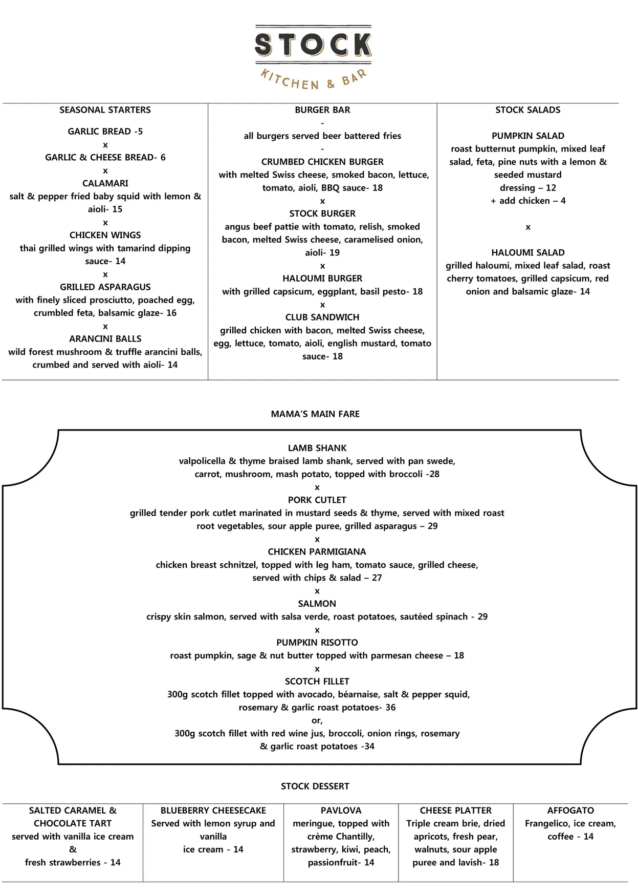 Stock Kitchen & Bar menu, page 1