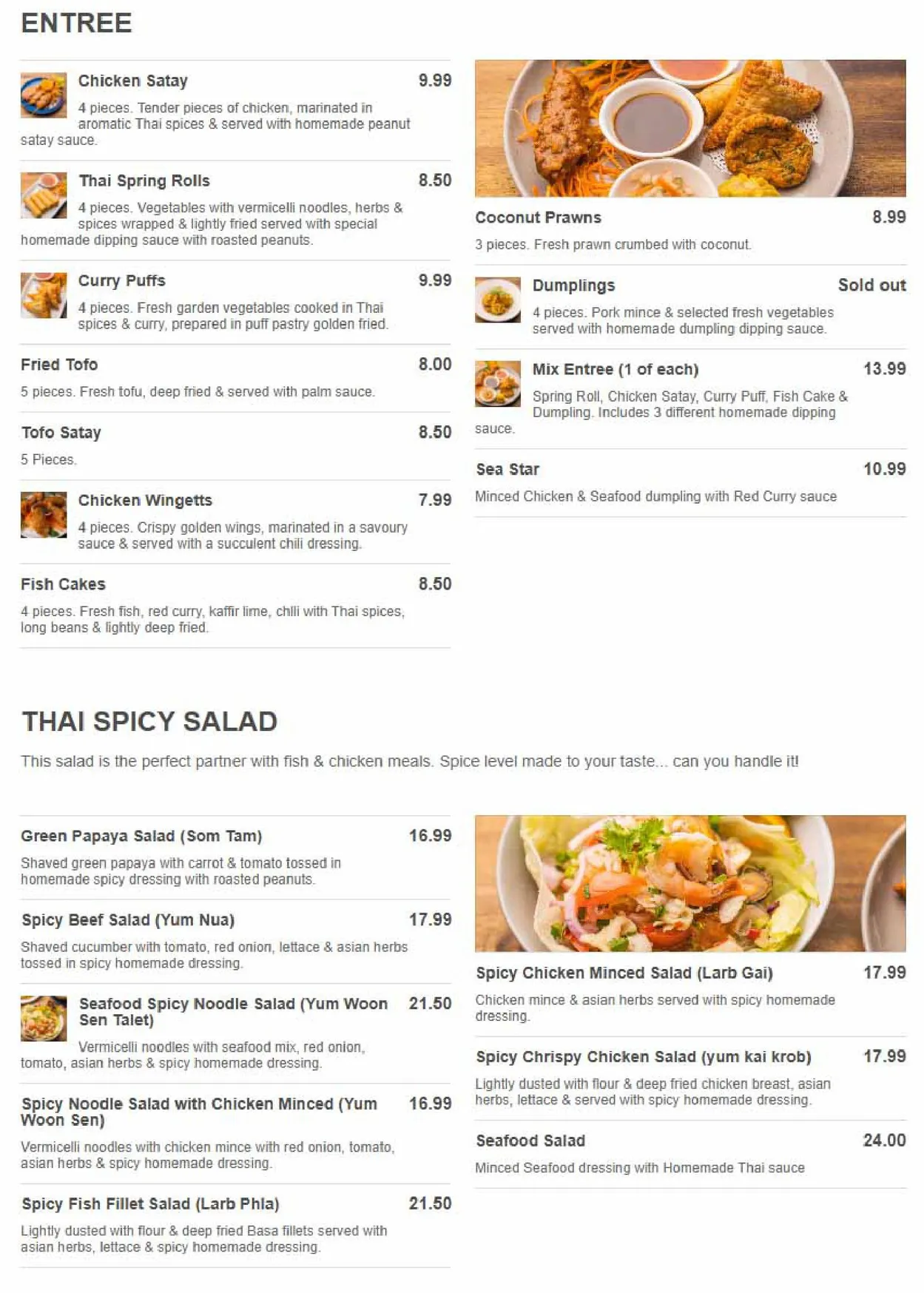 Sunisa's Thai Restaurant menu, page 1