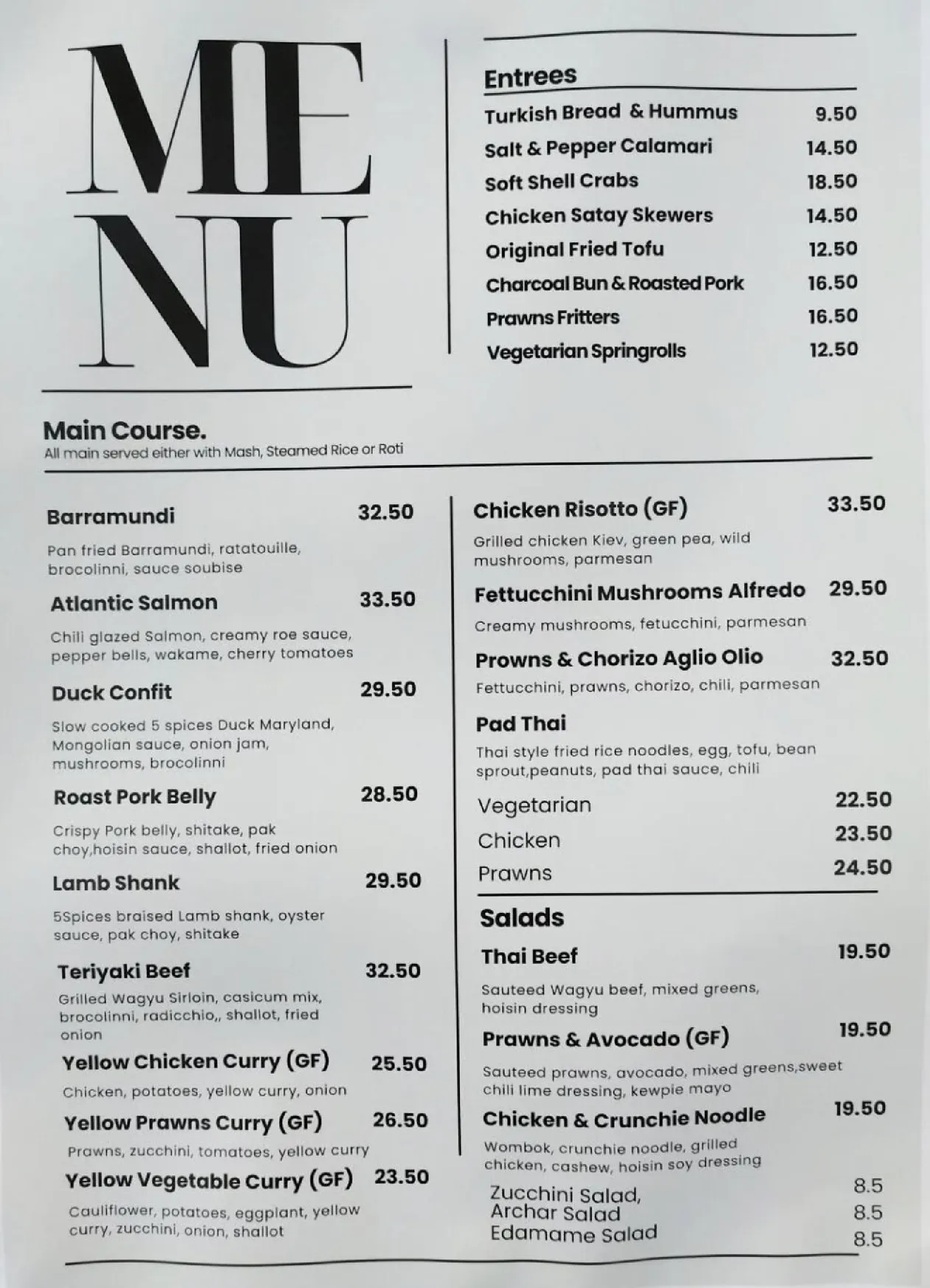 Bema Kitchen menu, page 1