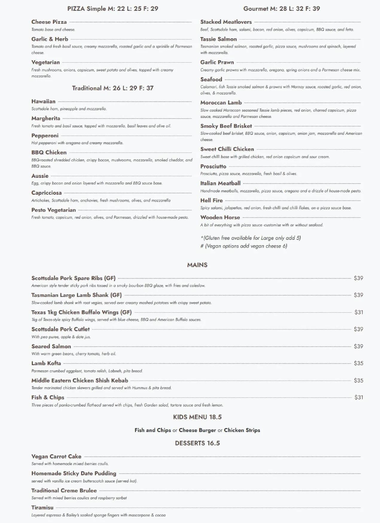 Wooden Horse Bar and Pizza menu, page 2