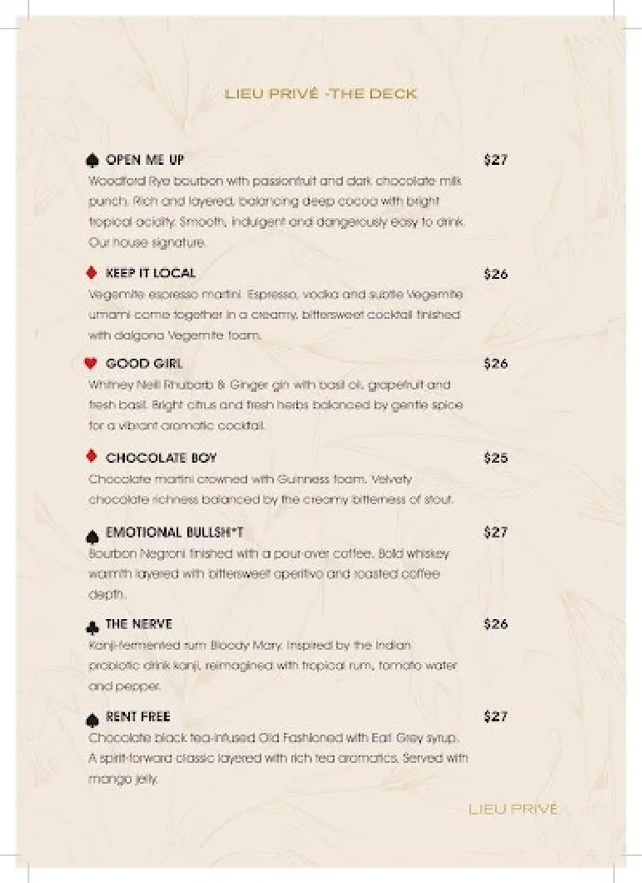 Lieu Privé Cocktail Bar menu, page 3